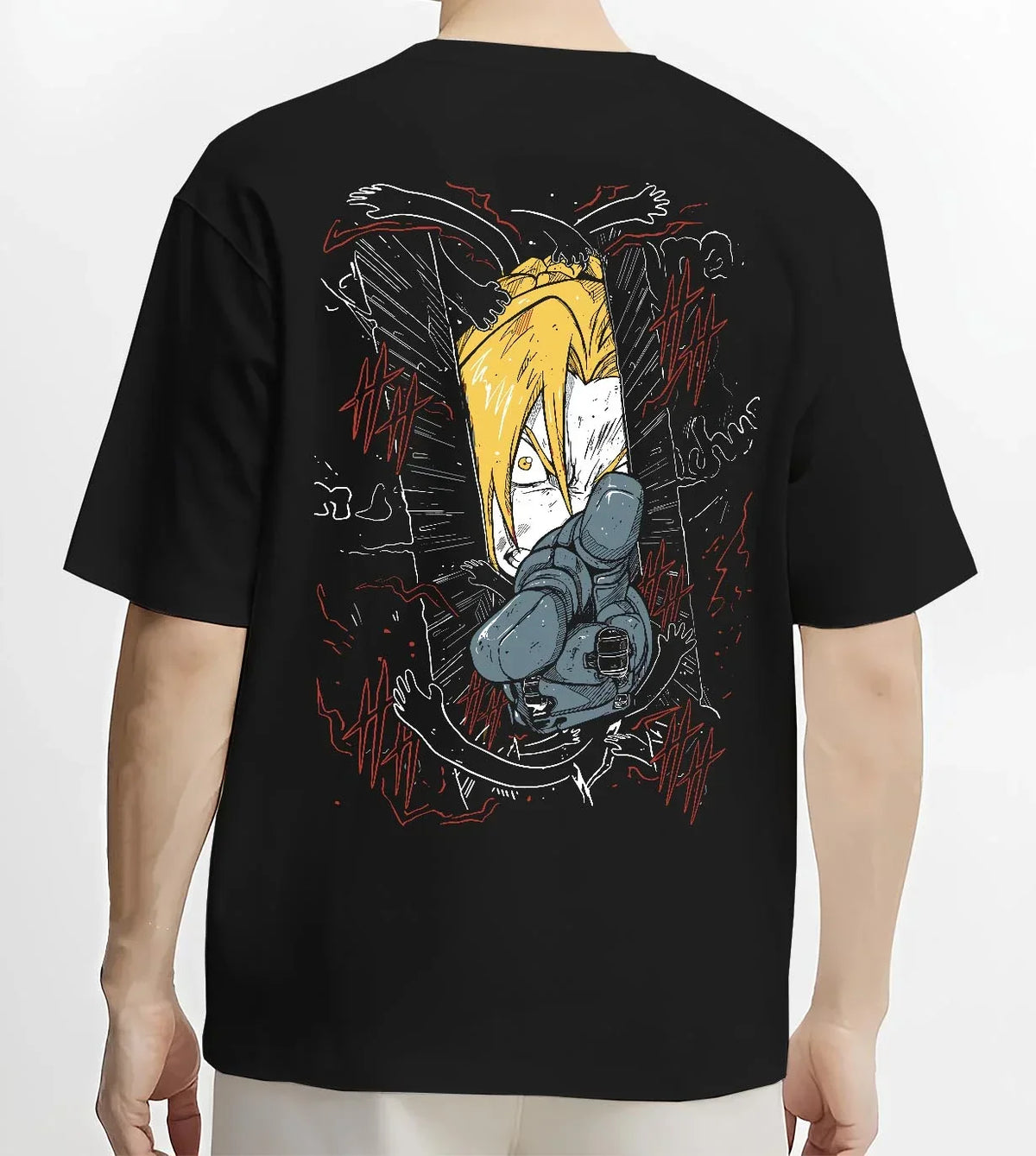 Black T-shirt worn by male model, back view with Edward Elric Hoodie Fullmetal Alchemist Magic Circle graphic streetwear graphic.