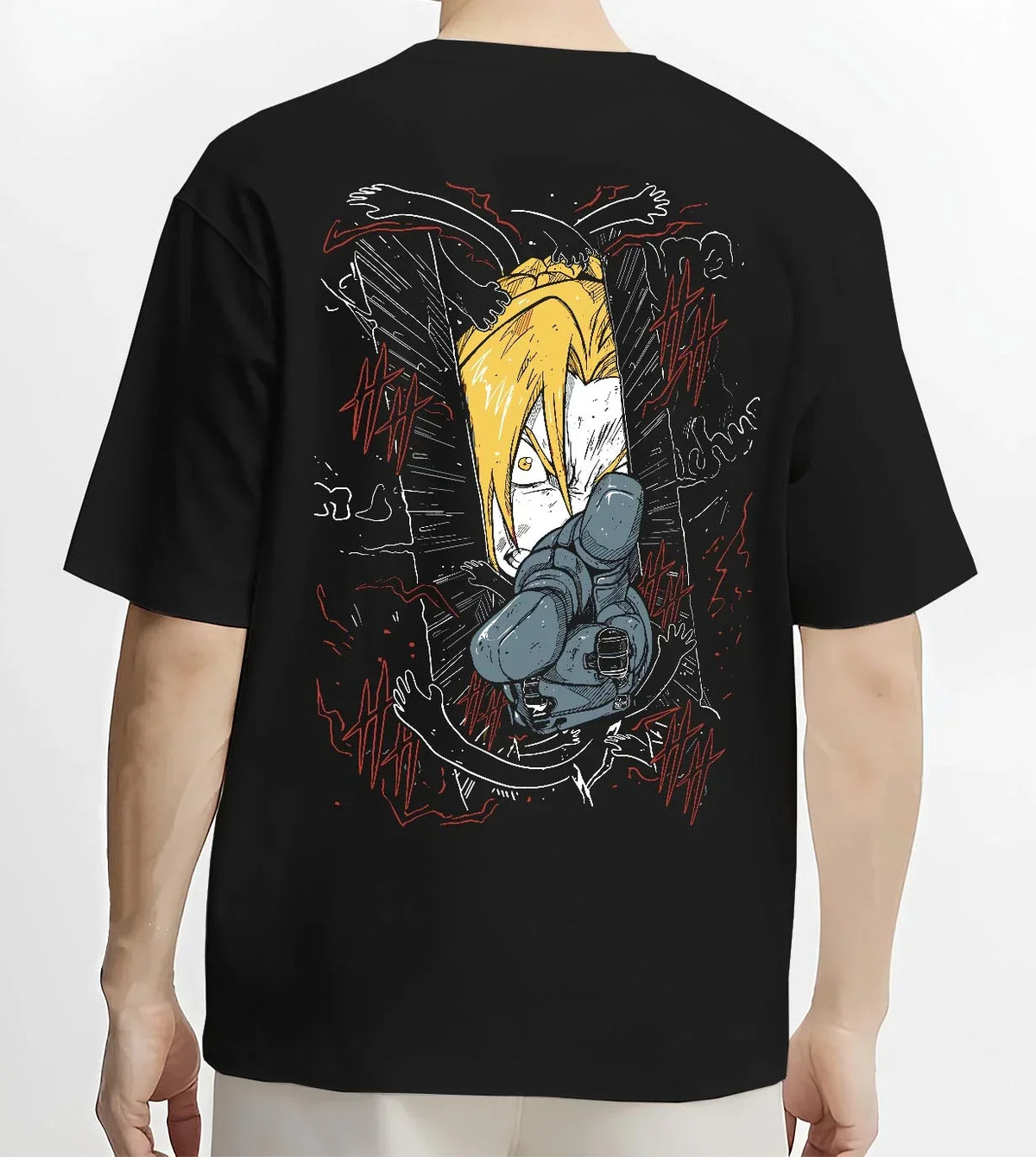 Black T-shirt worn by male model, back view with Edward Elric Hoodie Fullmetal Alchemist Magic Circle graphic streetwear graphic.