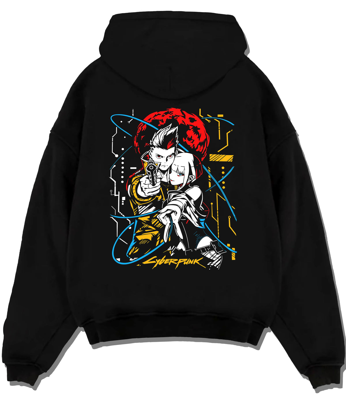 Black hoodie flat back view showing Cyberpunk: Edgerunners main protagonists: individual characters