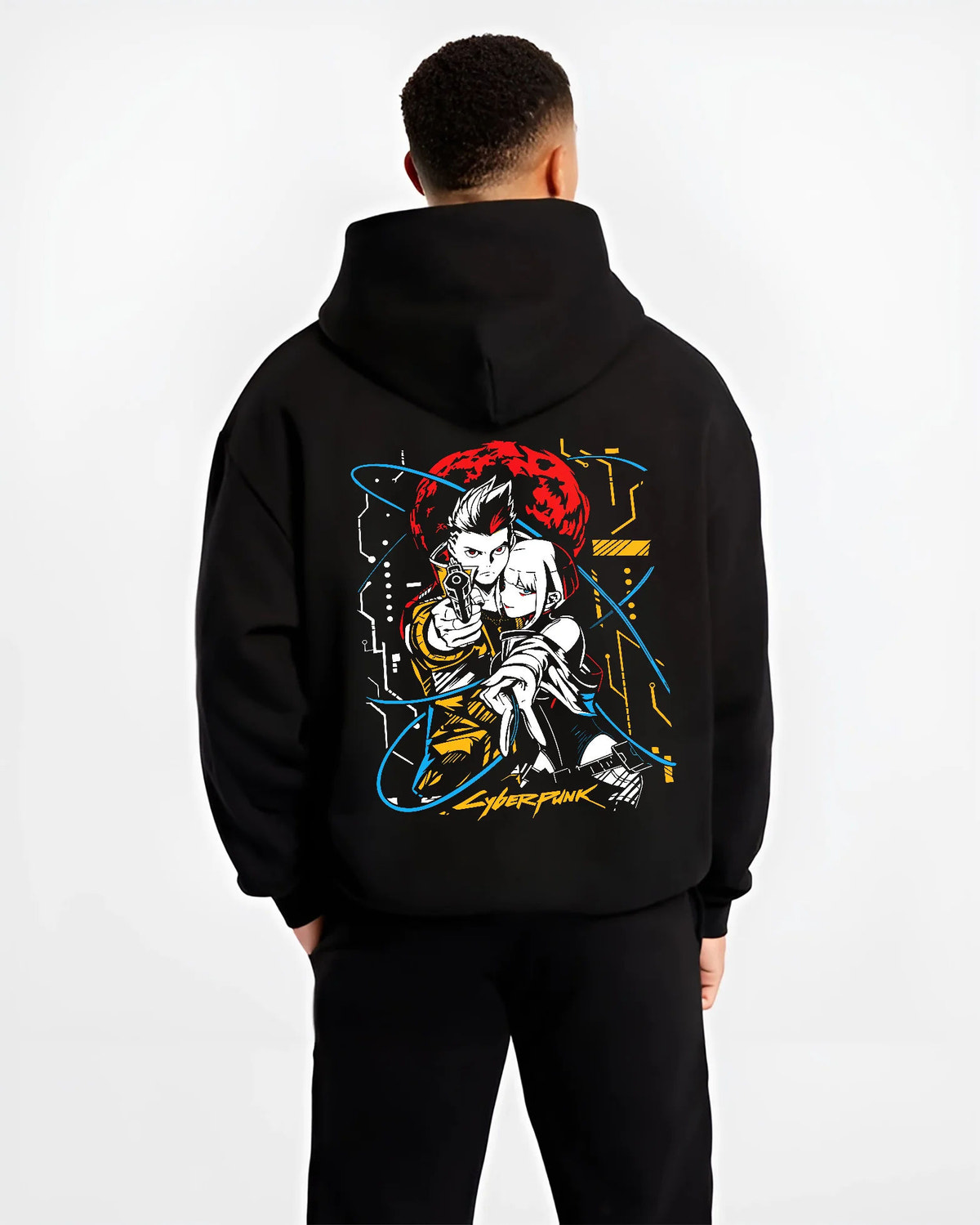 Black hoodie model back view showing Cyberpunk: Edgerunners main protagonists: individual characters