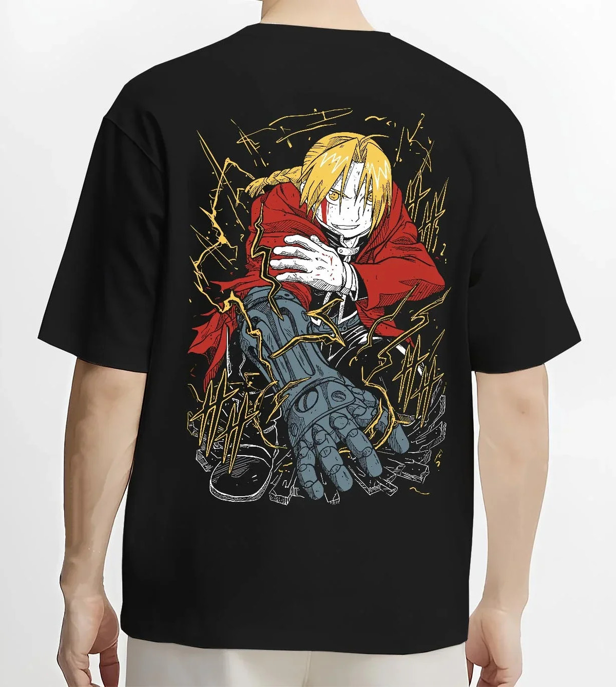 Black T-shirt worn by male model, back view with Edward Elric Hoodie Fullmetal Alchemist Red Gloves graphic streetwear graphic.