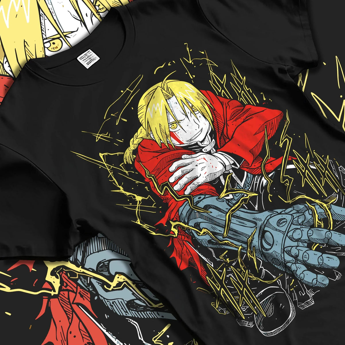 Black T-shirt laid flat with natural folds with Edward Elric Hoodie Fullmetal Alchemist Red Gloves graphic streetwear graphic.