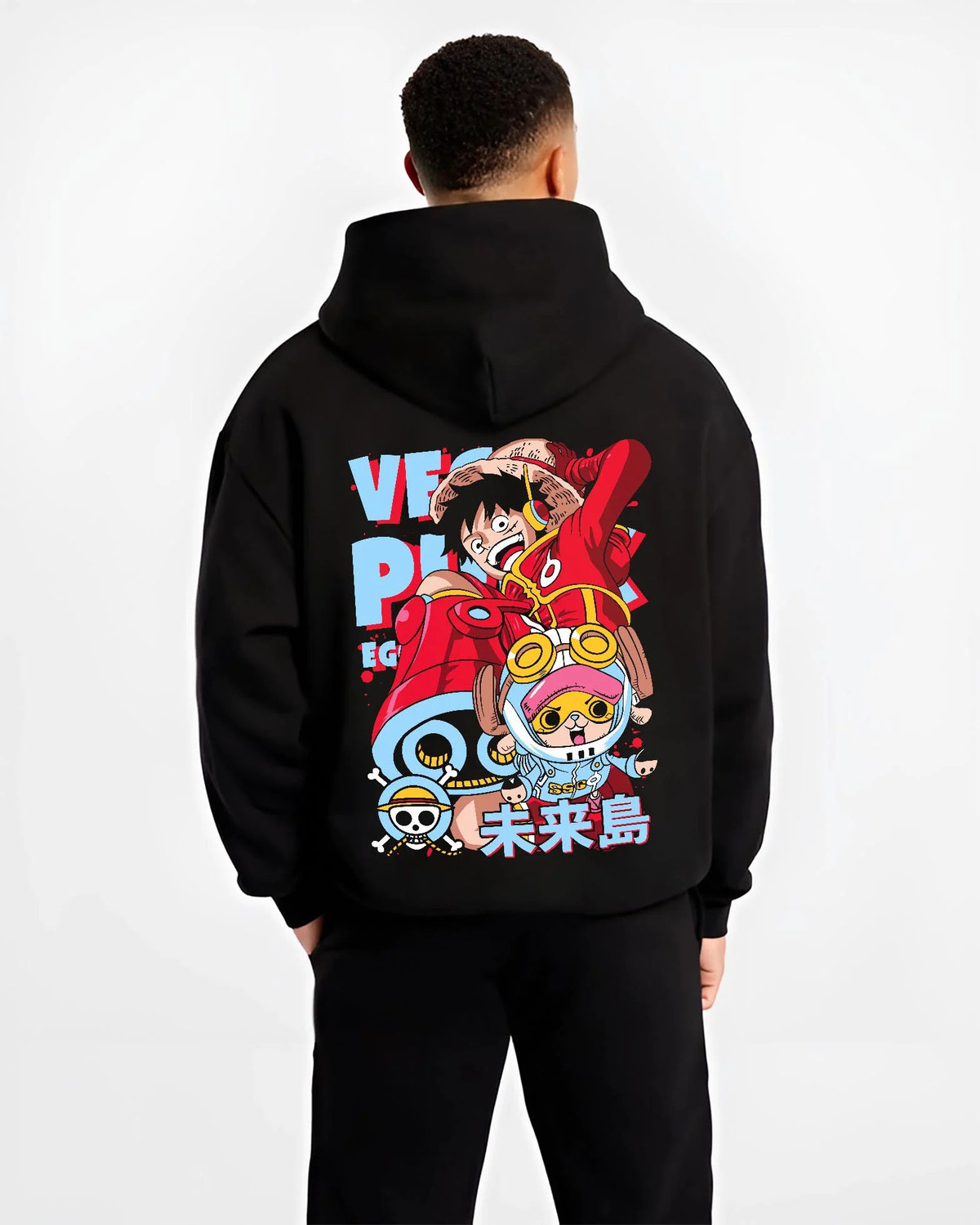 Black hoodie worn by male model from the back featuring Luffy One Piece Egghead future pirate artwork.