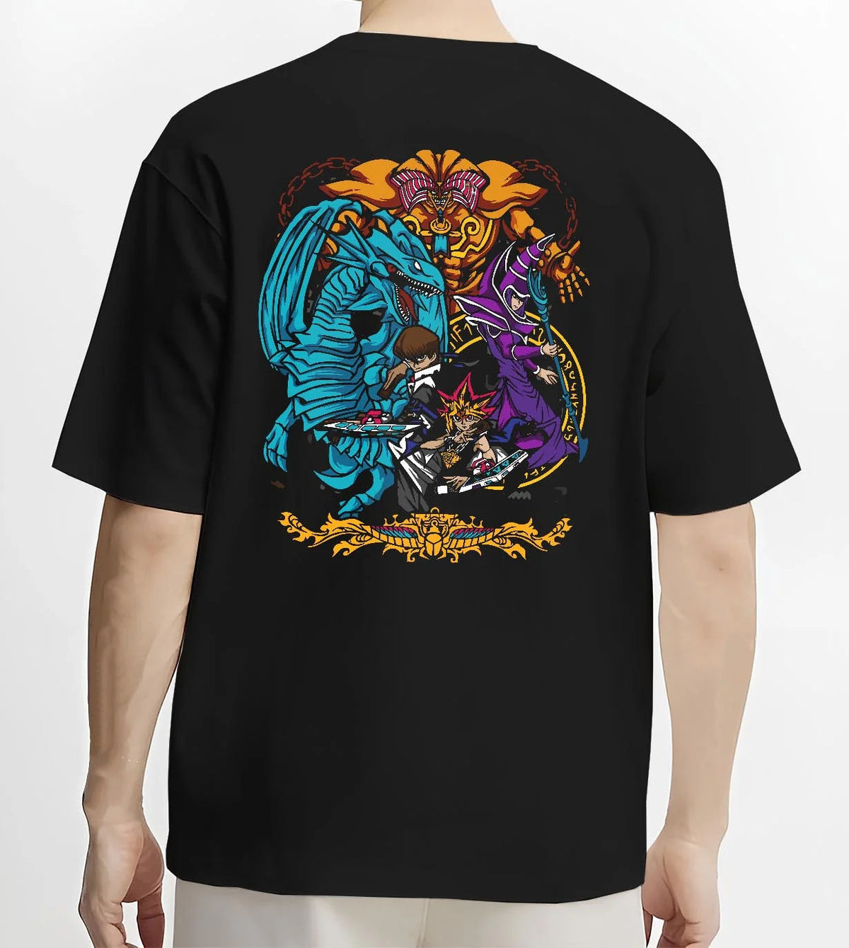 Black T-shirt worn by male model from the back featuring Yu-Gi-Oh Egyptian Gods trio artwork.