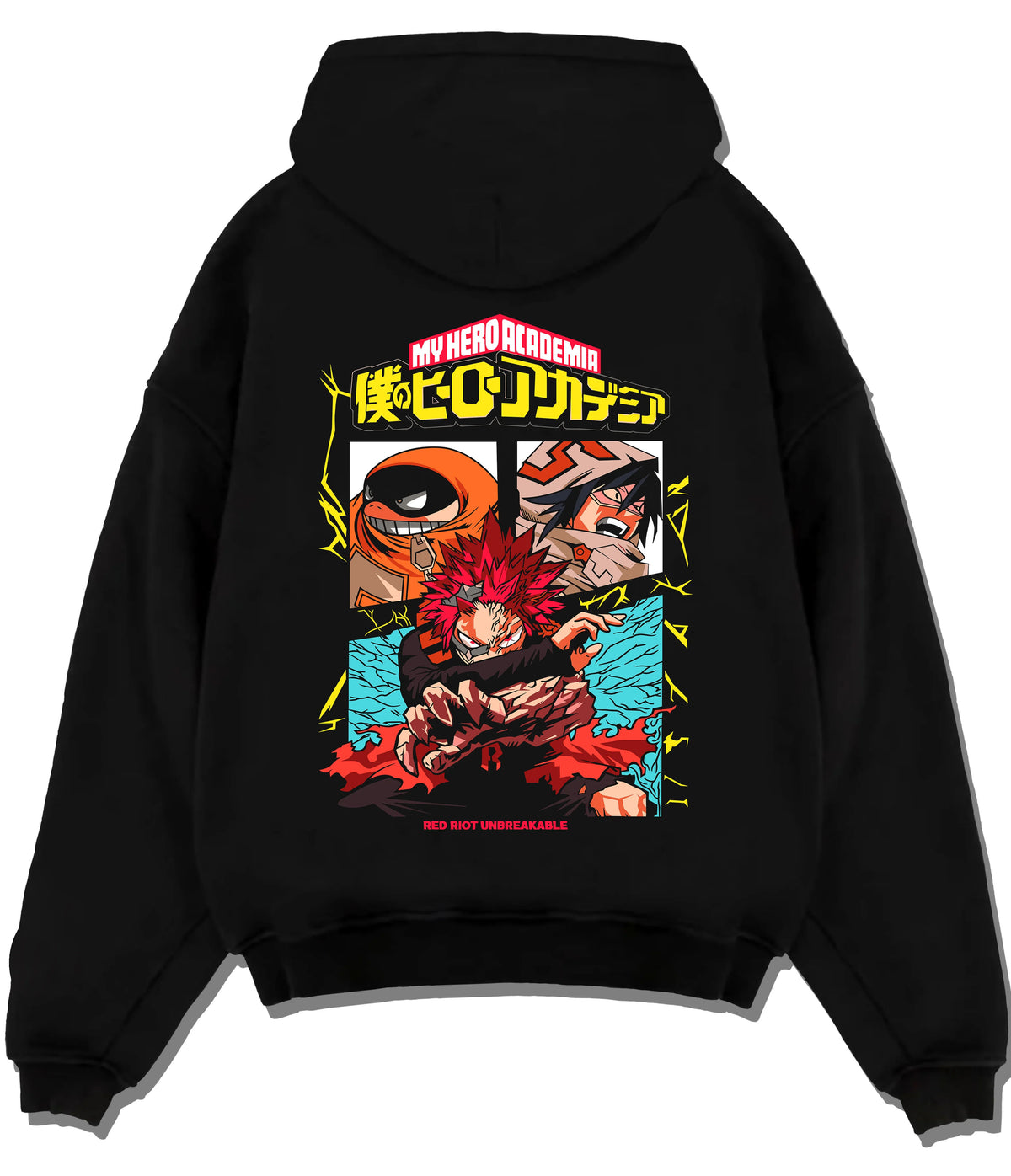 Black hoodie flat back view with Eijiro Kirishima / Red Riot / Unbreakable from My Hero Academia illustrated back graphic
