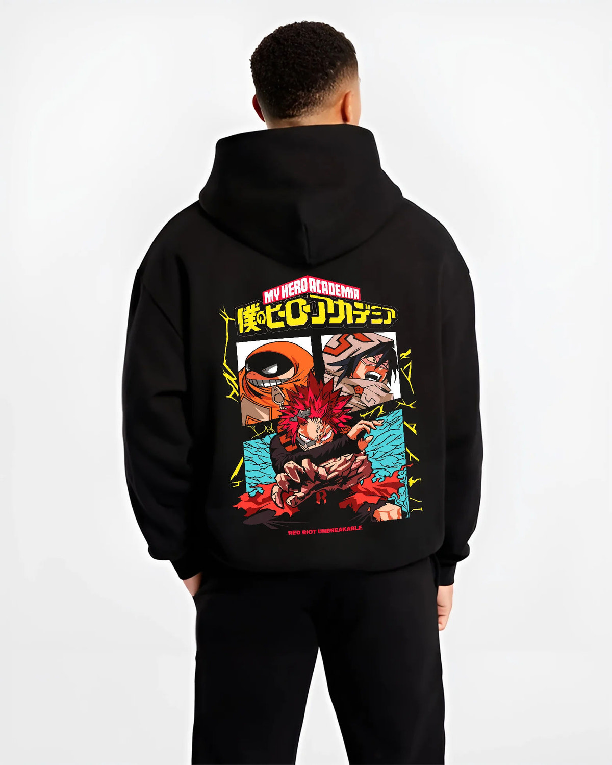 Black hoodie model back view with Eijiro Kirishima / Red Riot / Unbreakable from My Hero Academia illustrated back graphic