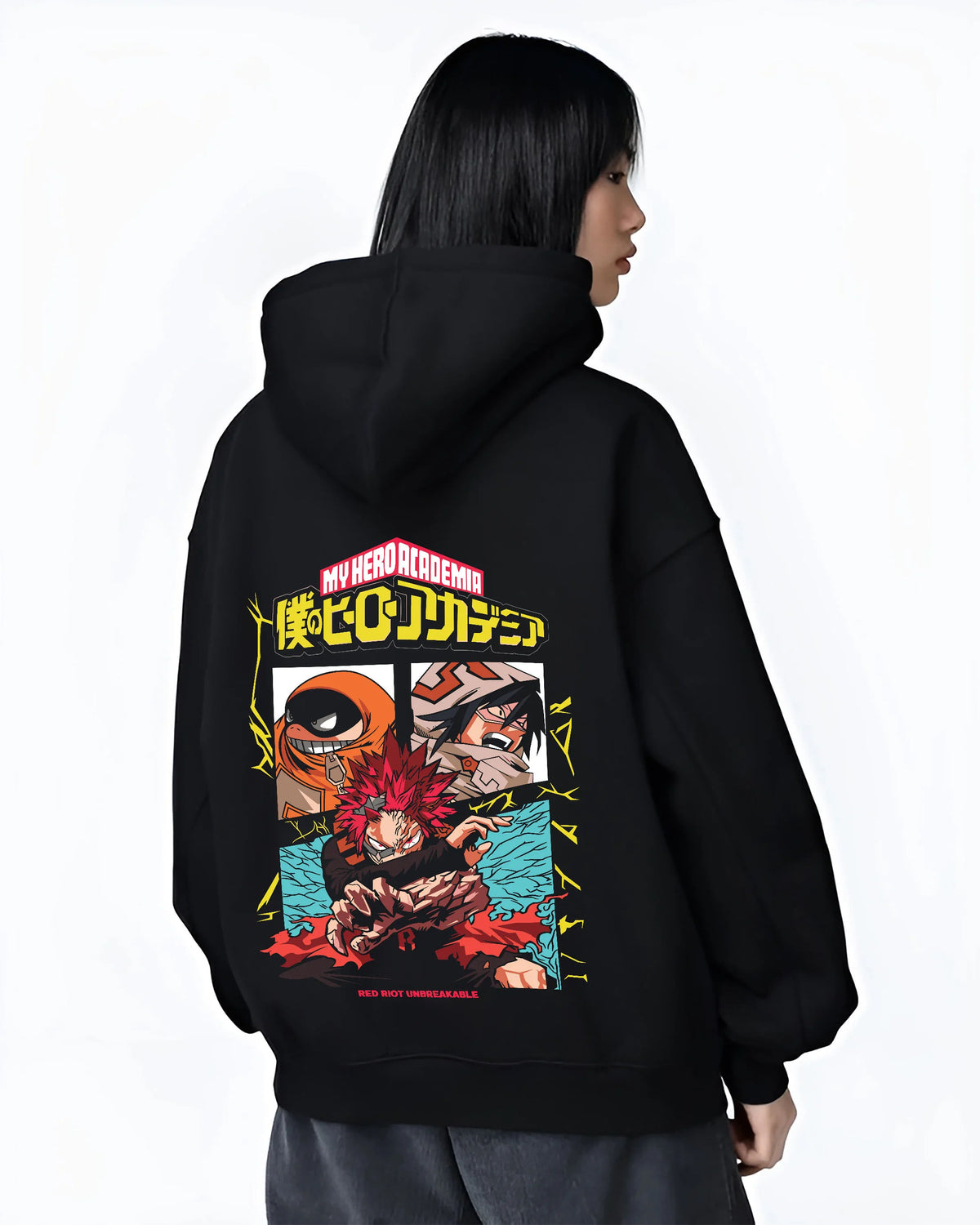 Black hoodie female model back view with Eijiro Kirishima / Red Riot / Unbreakable from My Hero Academia illustrated back