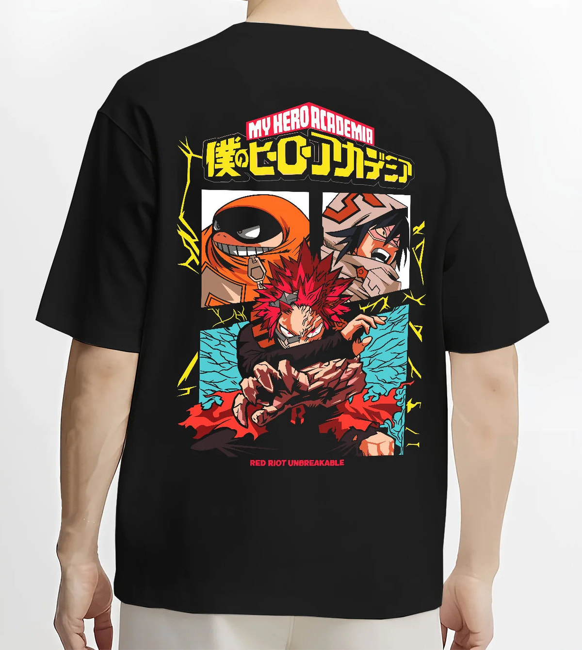 Black T-shirt model back view with Eijiro Kirishima / Red Riot / Unbreakable from My Hero Academia illustrated back graphic