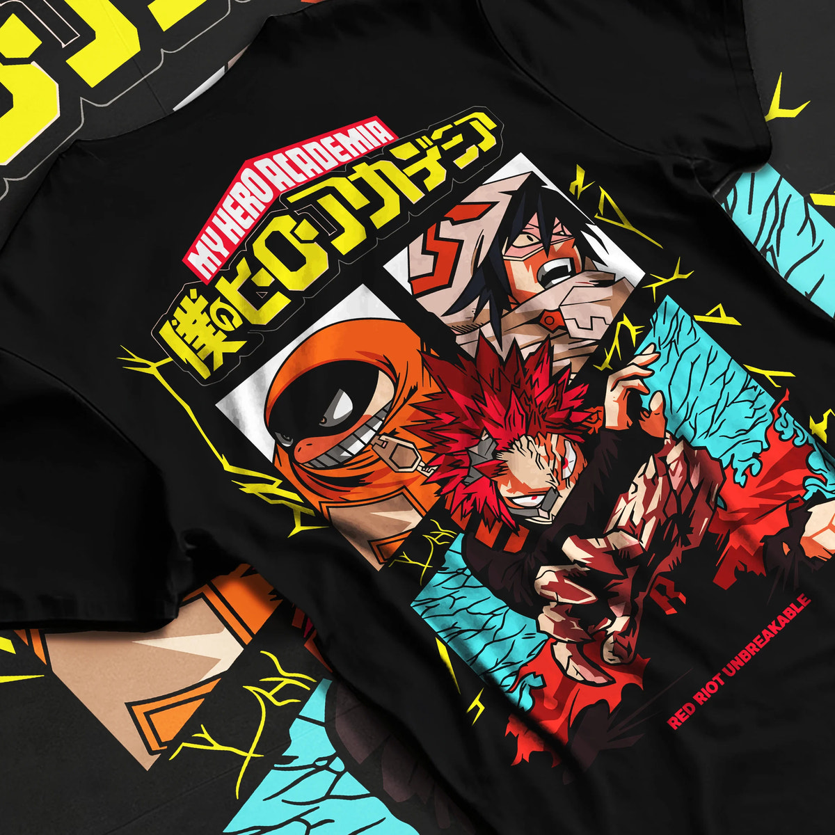 Black T-shirt flat back view with Eijiro Kirishima / Red Riot / Unbreakable from My Hero Academia illustrated back graphic