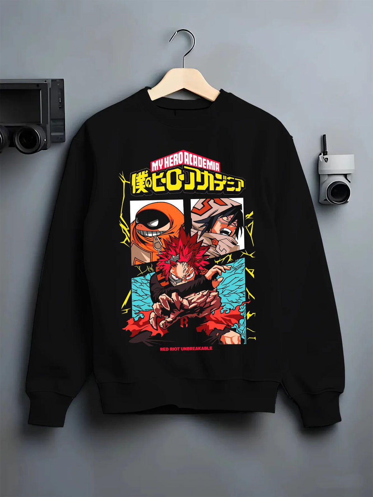 Black crewneck sweatshirt on hanger with Eijiro Kirishima / Red Riot / Unbreakable from My Hero Academia illustrated back