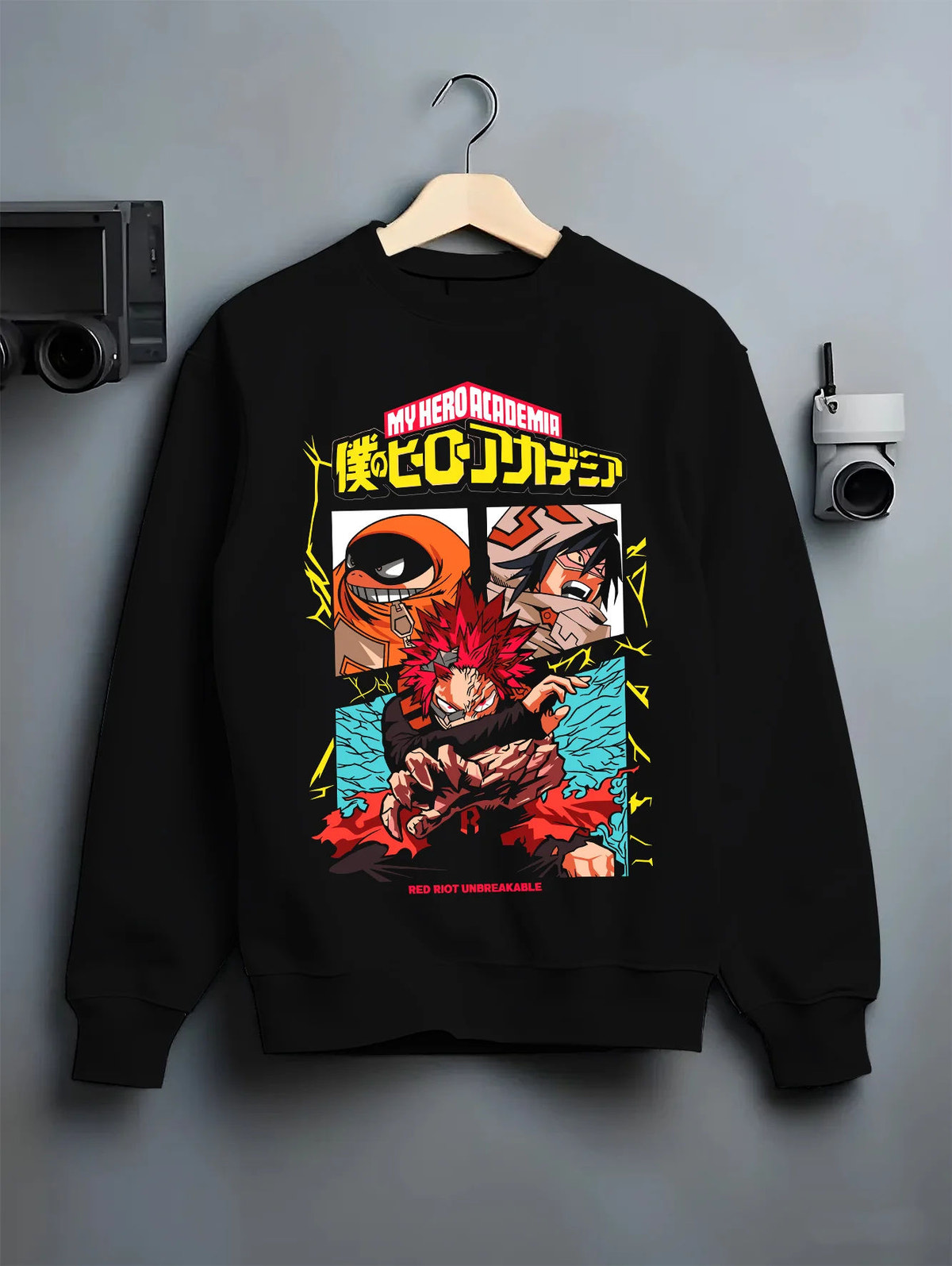 Black crewneck sweatshirt on hanger with Eijiro Kirishima / Red Riot / Unbreakable from My Hero Academia illustrated back
