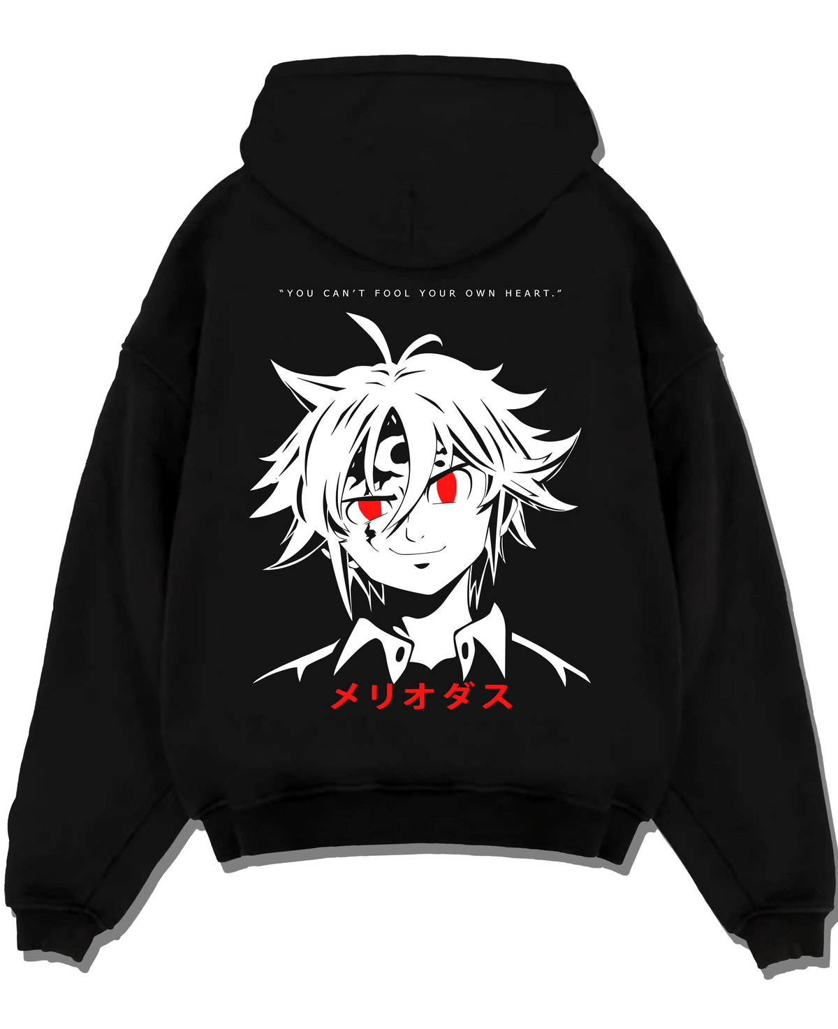 Black hoodie laid flat featuring Meliodas Seven Deadly Sins demon power artwork.