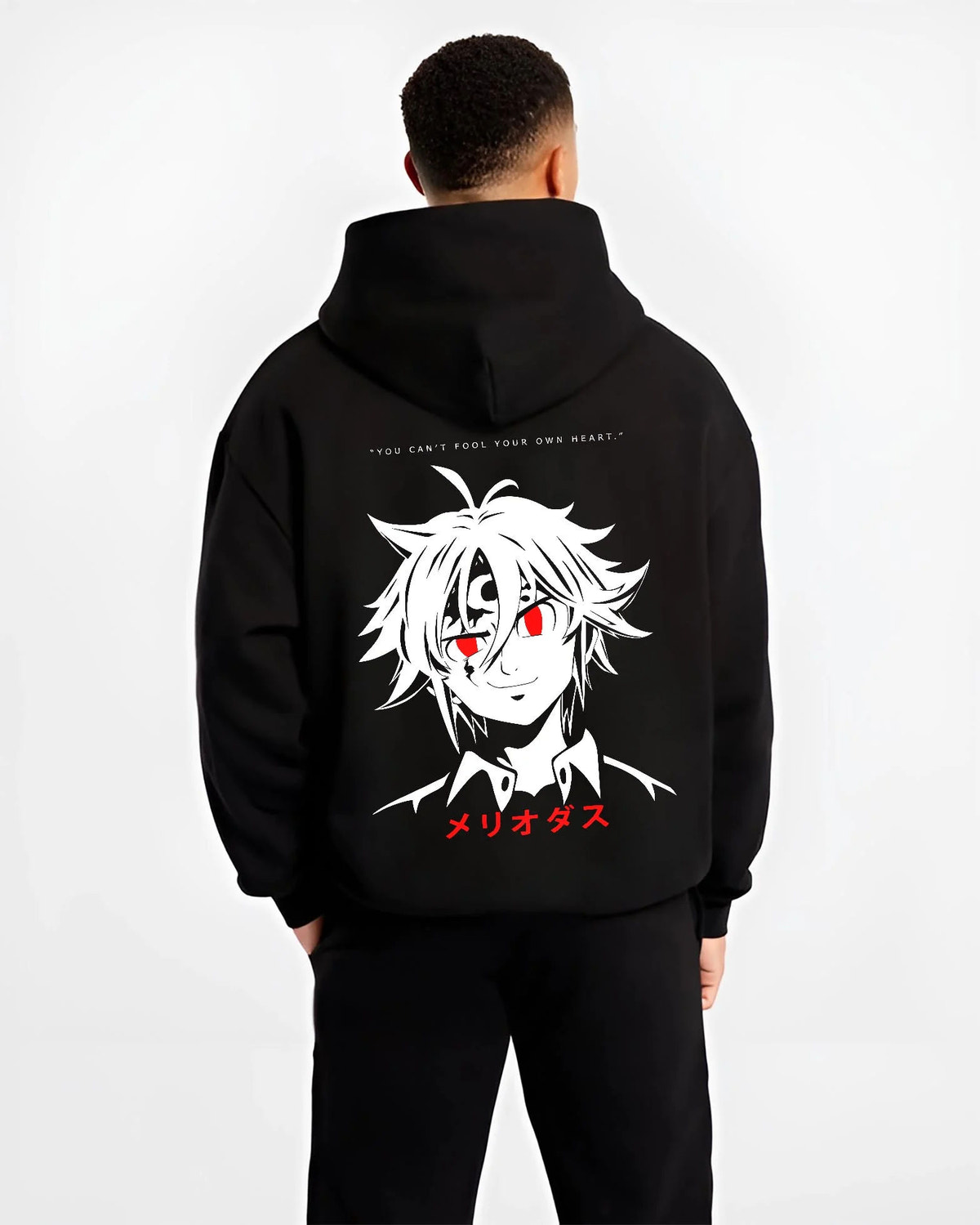 Black hoodie worn by male model from the back featuring Meliodas Seven Deadly Sins demon power artwork.
