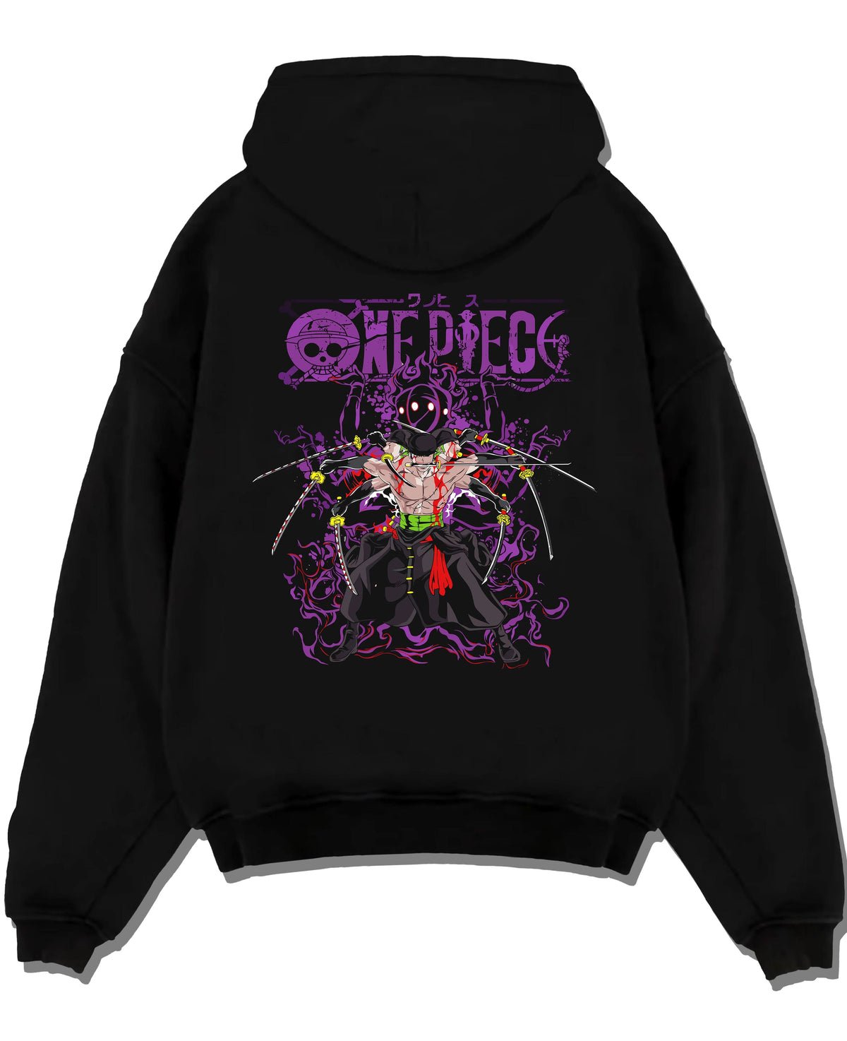 Black hoodie laid flat featuring Roronoa Zoro One Piece Enma King of Hell artwork.