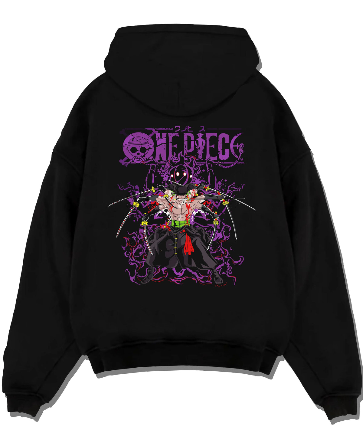Black hoodie laid flat featuring Roronoa Zoro One Piece Enma King of Hell artwork.