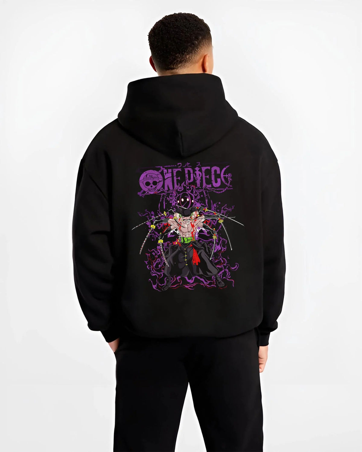 Black hoodie worn by male model from the back featuring Roronoa Zoro One Piece Enma King of Hell artwork.