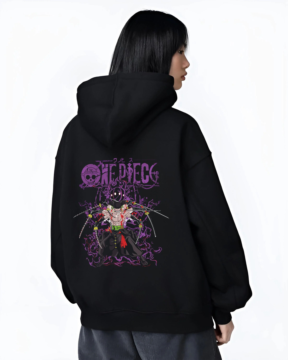 Black hoodie worn by female model from the back featuring Roronoa Zoro One Piece Enma King of Hell artwork.