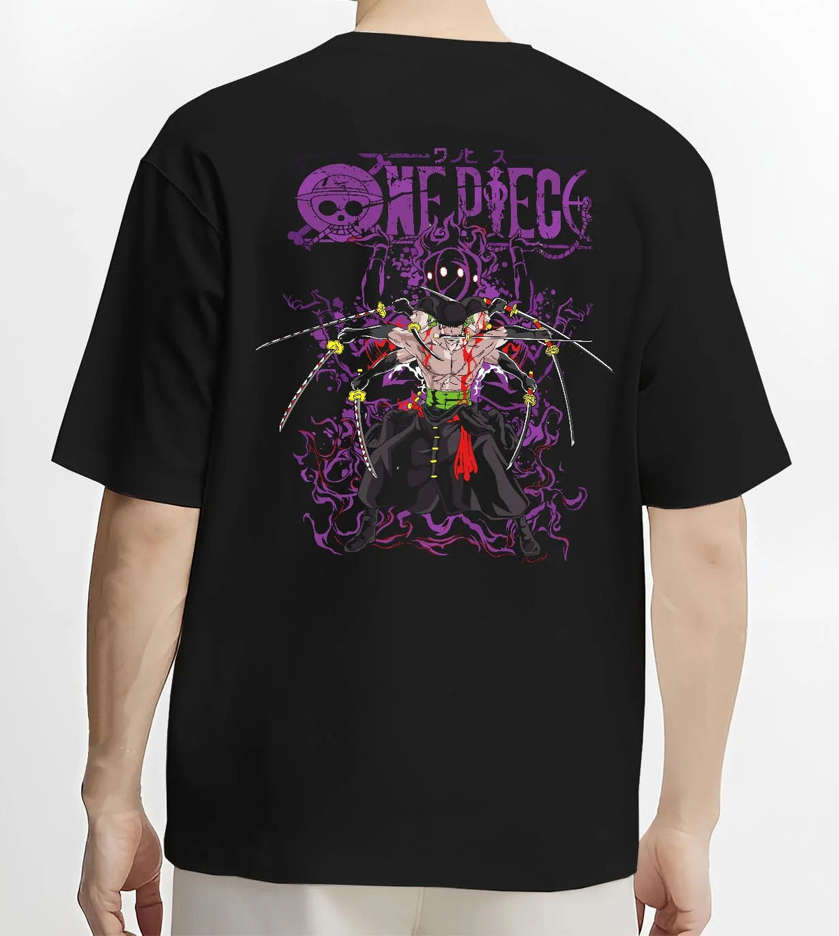 Black T-shirt worn by male model from the back featuring Roronoa Zoro One Piece Enma King of Hell artwork.