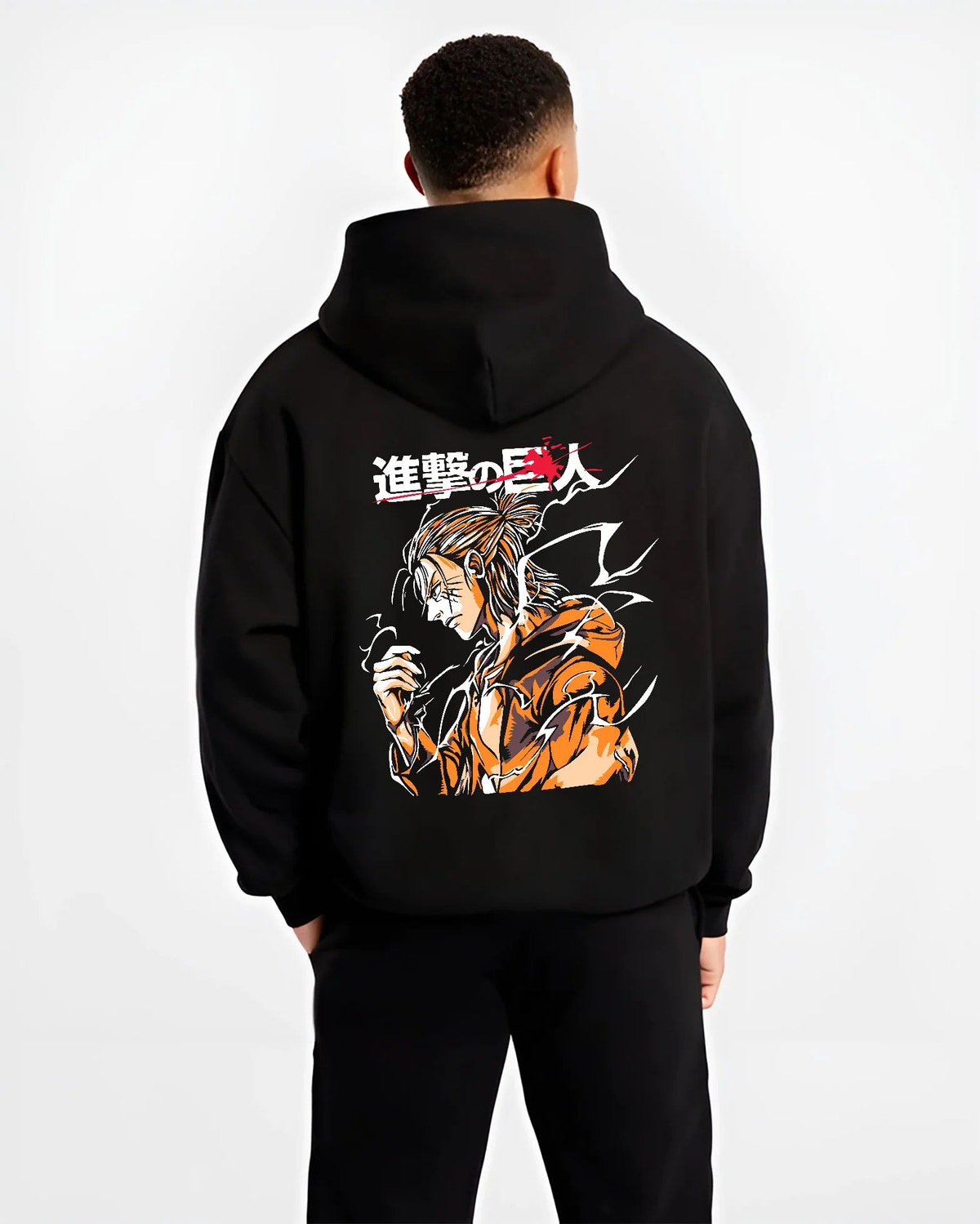 Black hoodie model back view showing Eren Yeager / Attack Titan from Attack on Titan: orange transformation poster