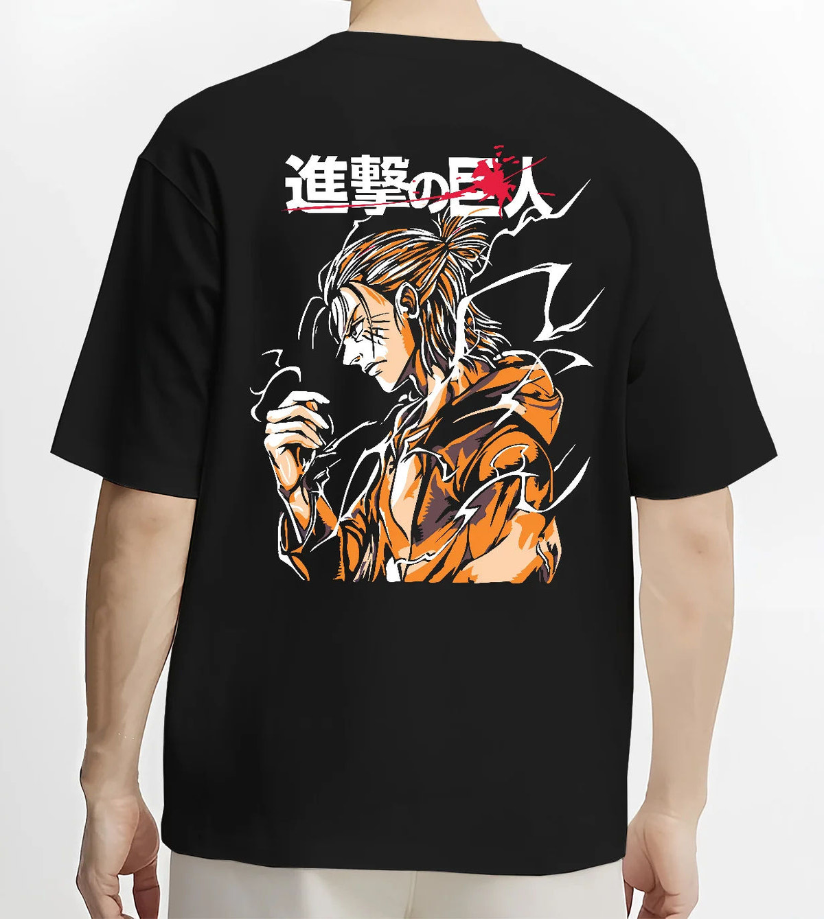 Black T-shirt model back view showing Eren Yeager / Attack Titan from Attack on Titan: orange transformation poster