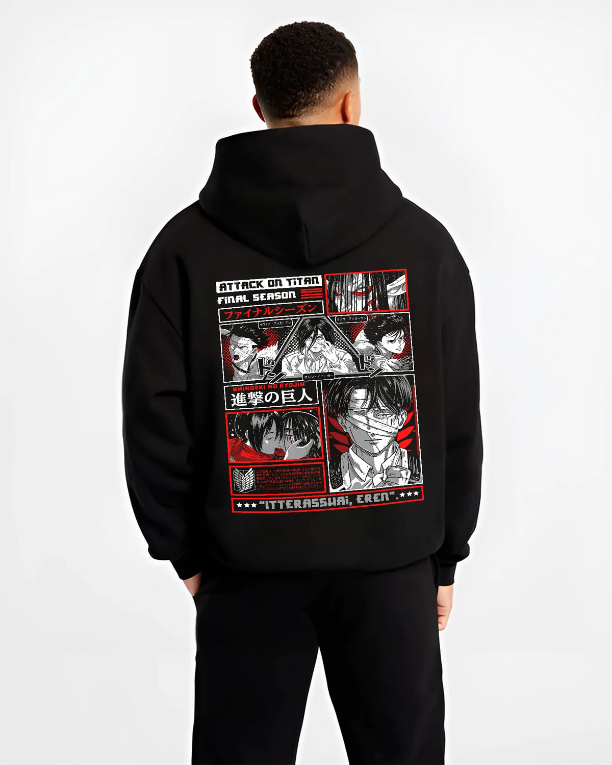 Black hoodie model back view showing Attack on Titan Final Season: cast manga panel poster