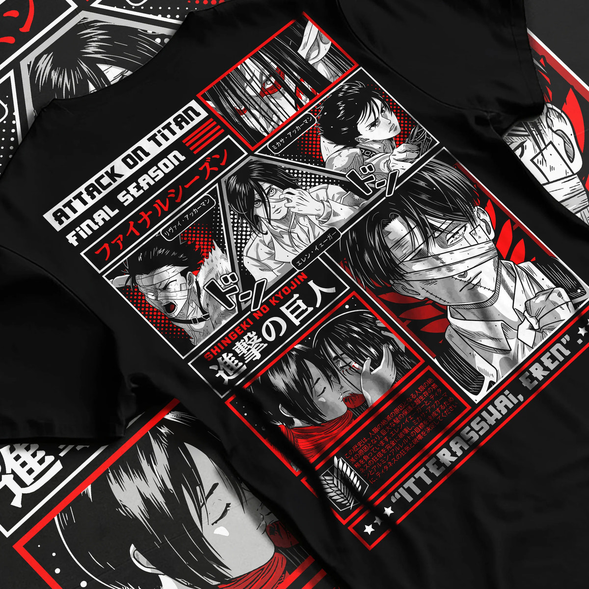 Black T-shirt flat back view showing Attack on Titan Final Season: cast manga panel poster