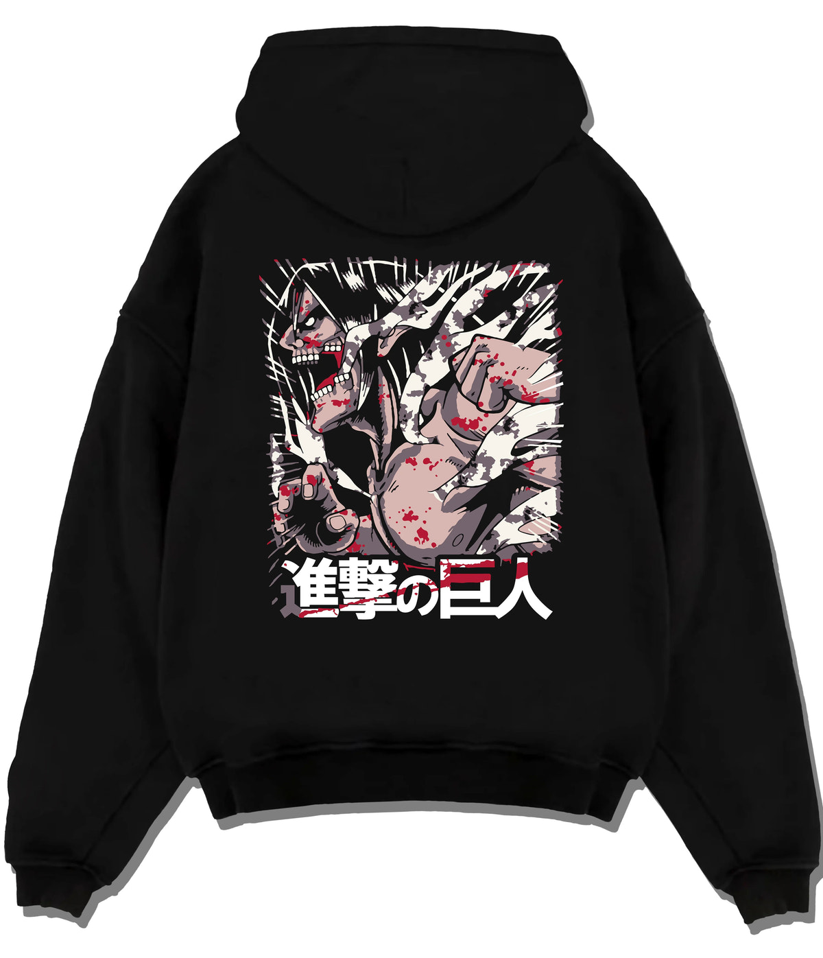 Black hoodie flat back view showing Eren / Attack Titan from Attack on Titan: red black transformation collage
