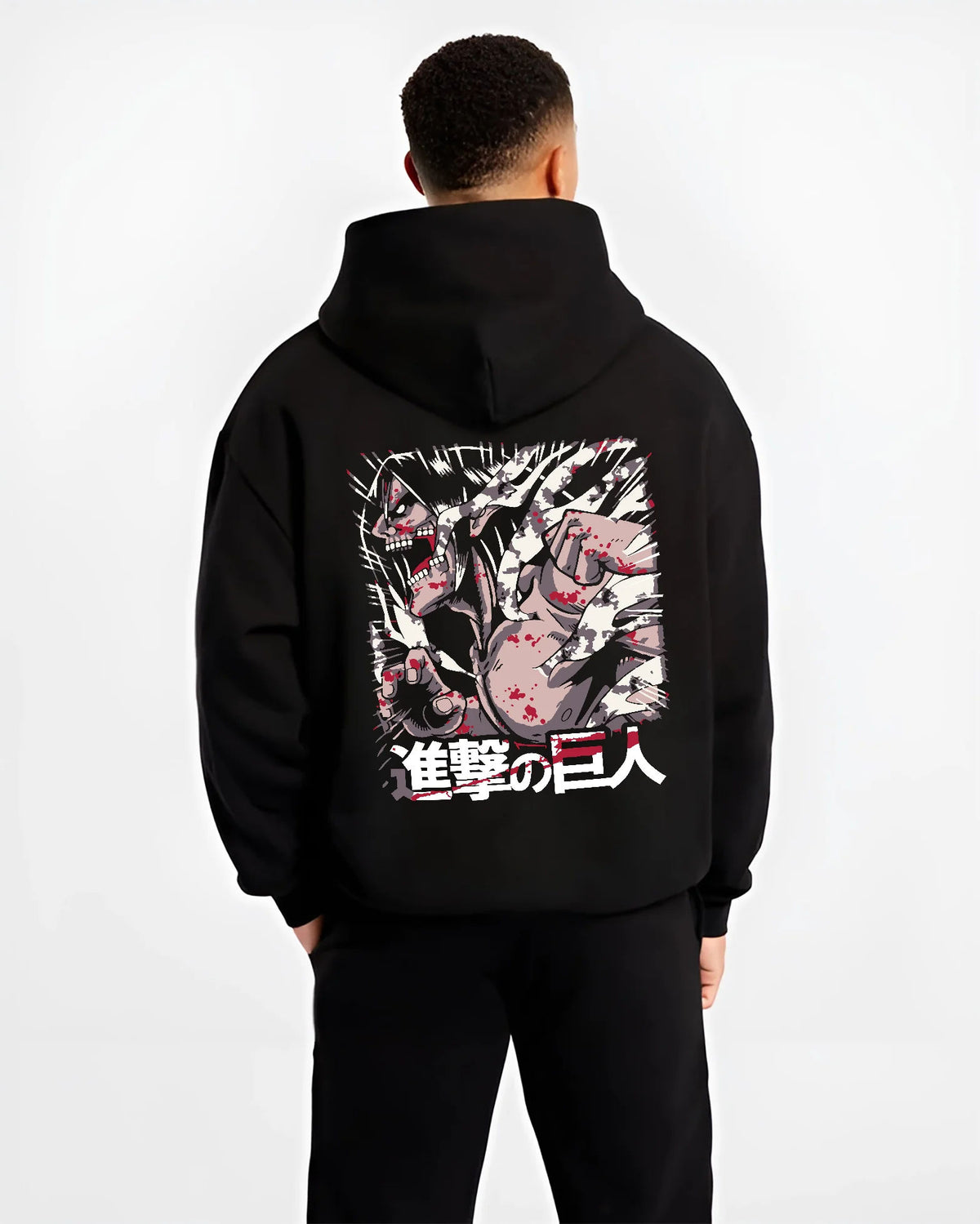 Black hoodie model back view showing Eren / Attack Titan from Attack on Titan: red black transformation collage