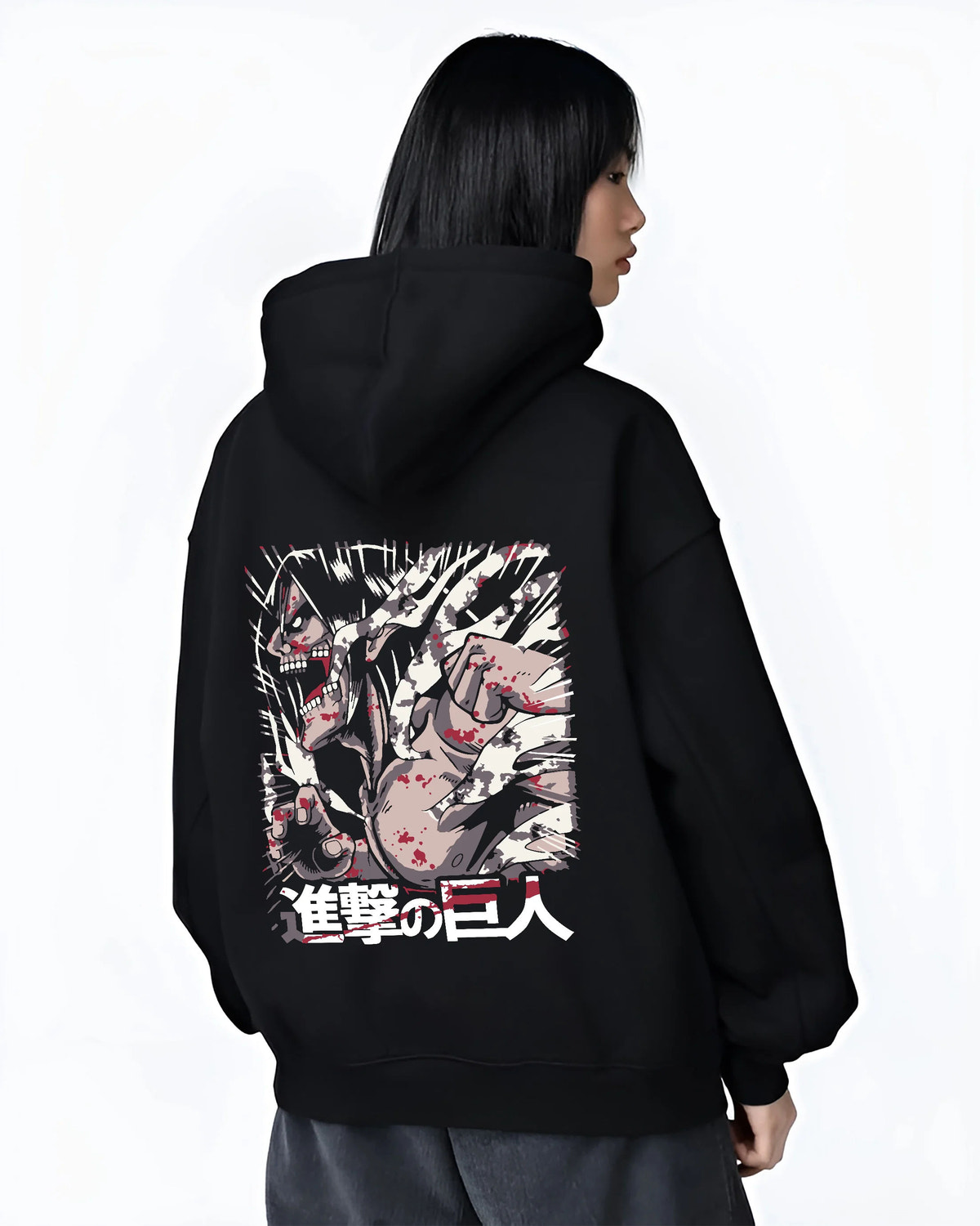 Black hoodie female model back view showing Eren / Attack Titan from Attack on Titan: red black transformation collage