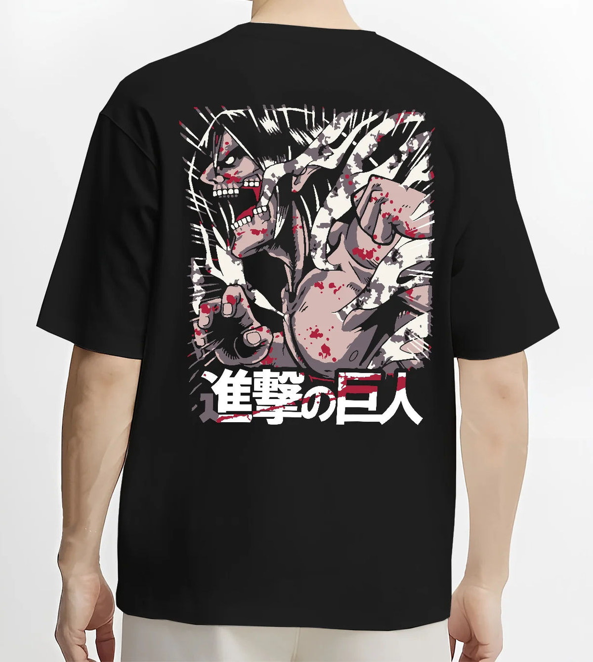 Black T-shirt model back view showing Eren / Attack Titan from Attack on Titan: red black transformation collage