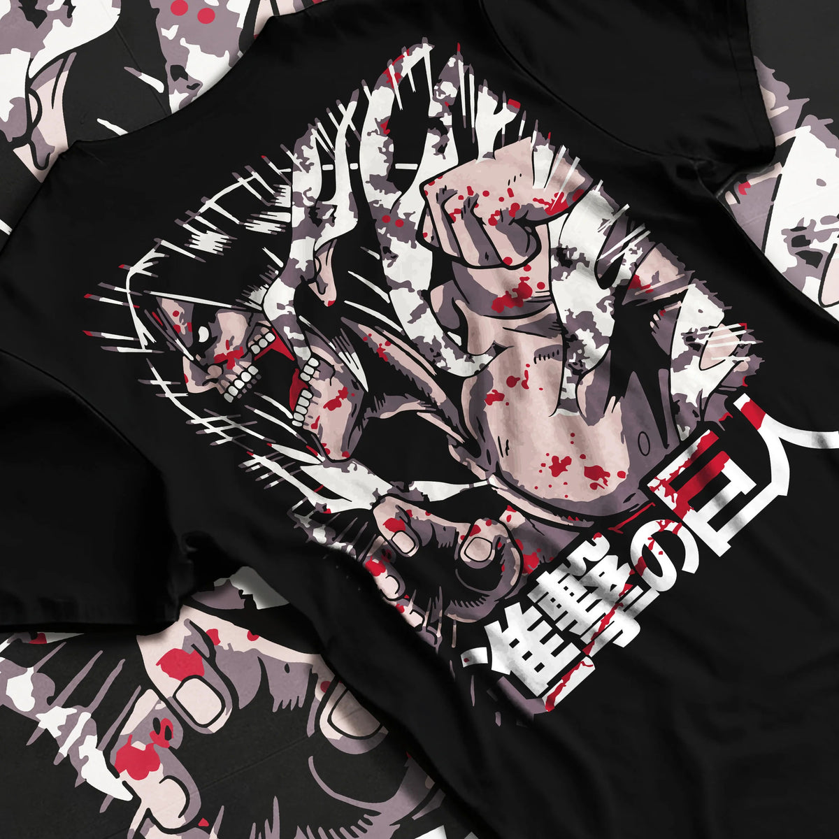 Black T-shirt flat back view showing Eren / Attack Titan from Attack on Titan: red black transformation collage