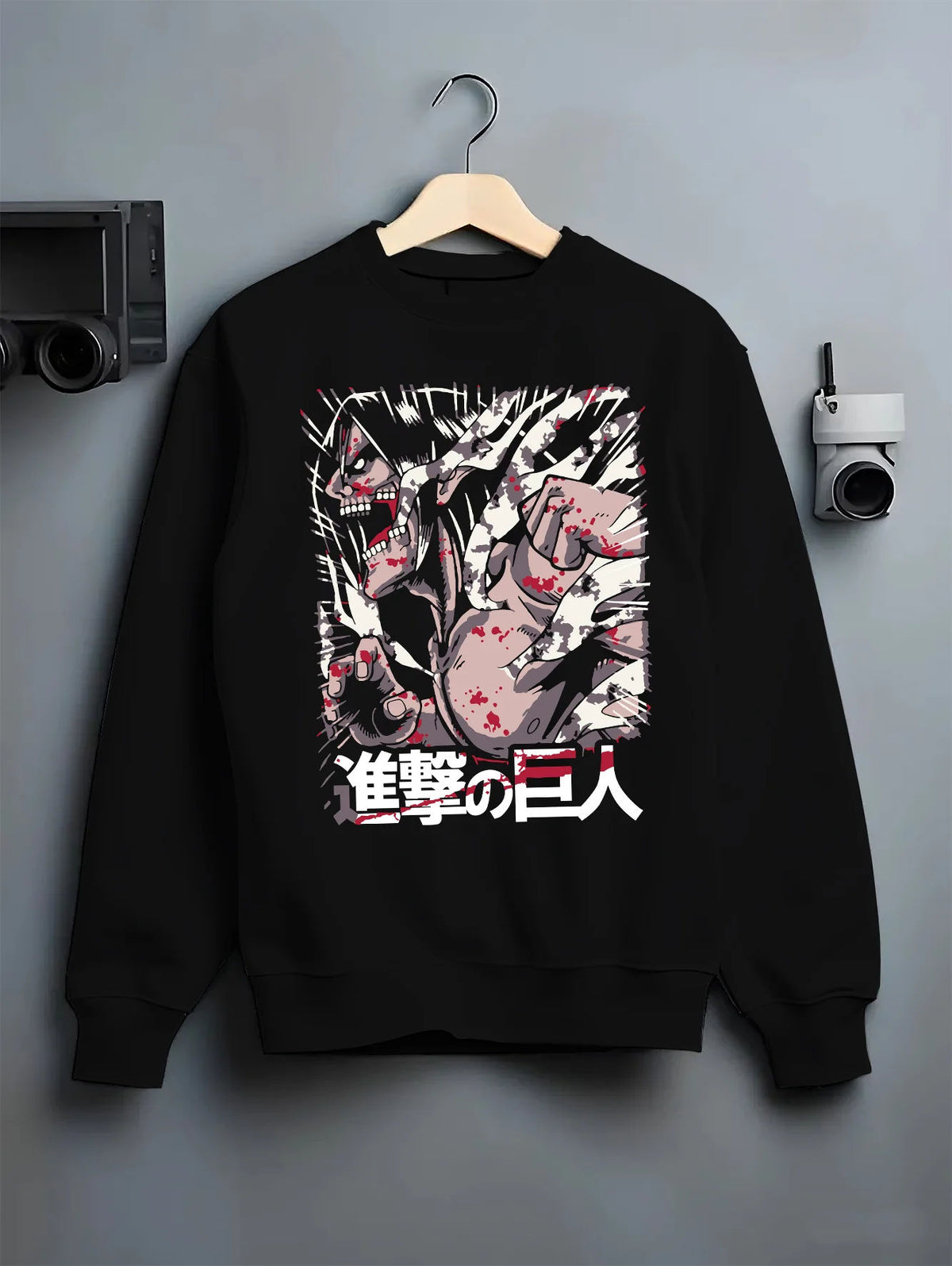 Black crewneck sweatshirt on hanger showing Eren / Attack Titan from Attack on Titan: red black transformation collage