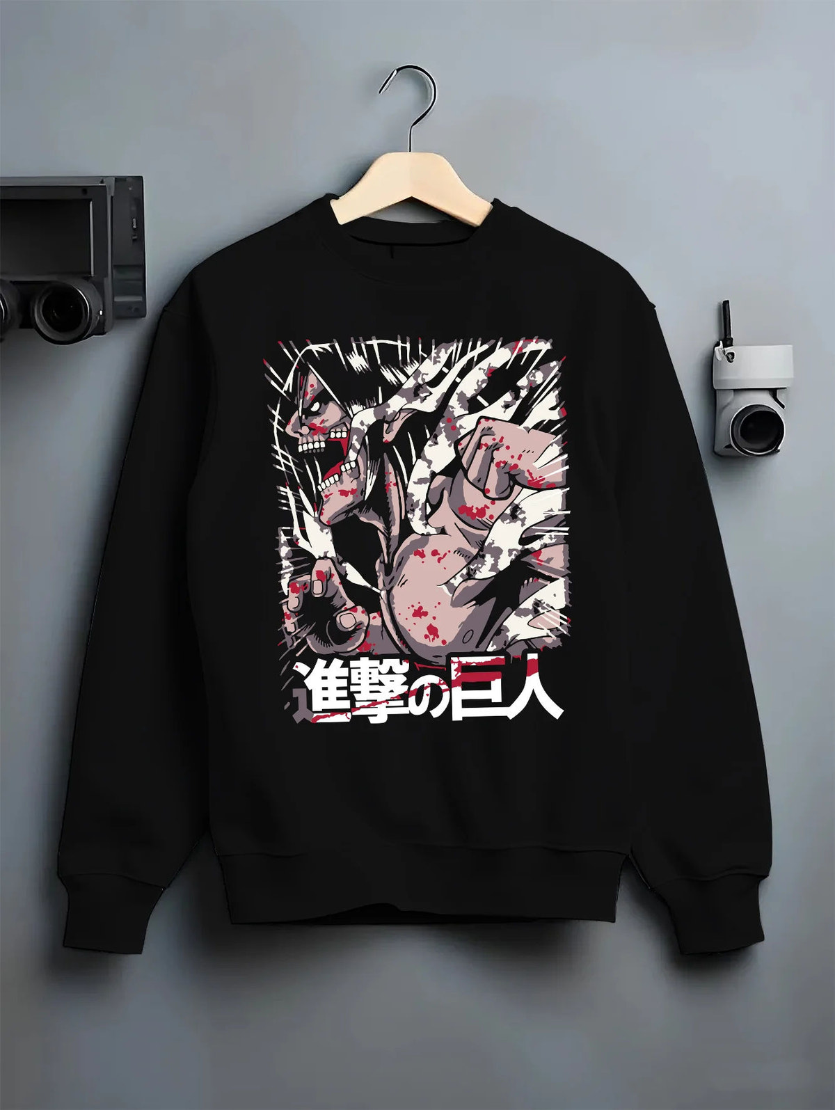 Black crewneck sweatshirt on hanger showing Eren / Attack Titan from Attack on Titan: red black transformation collage