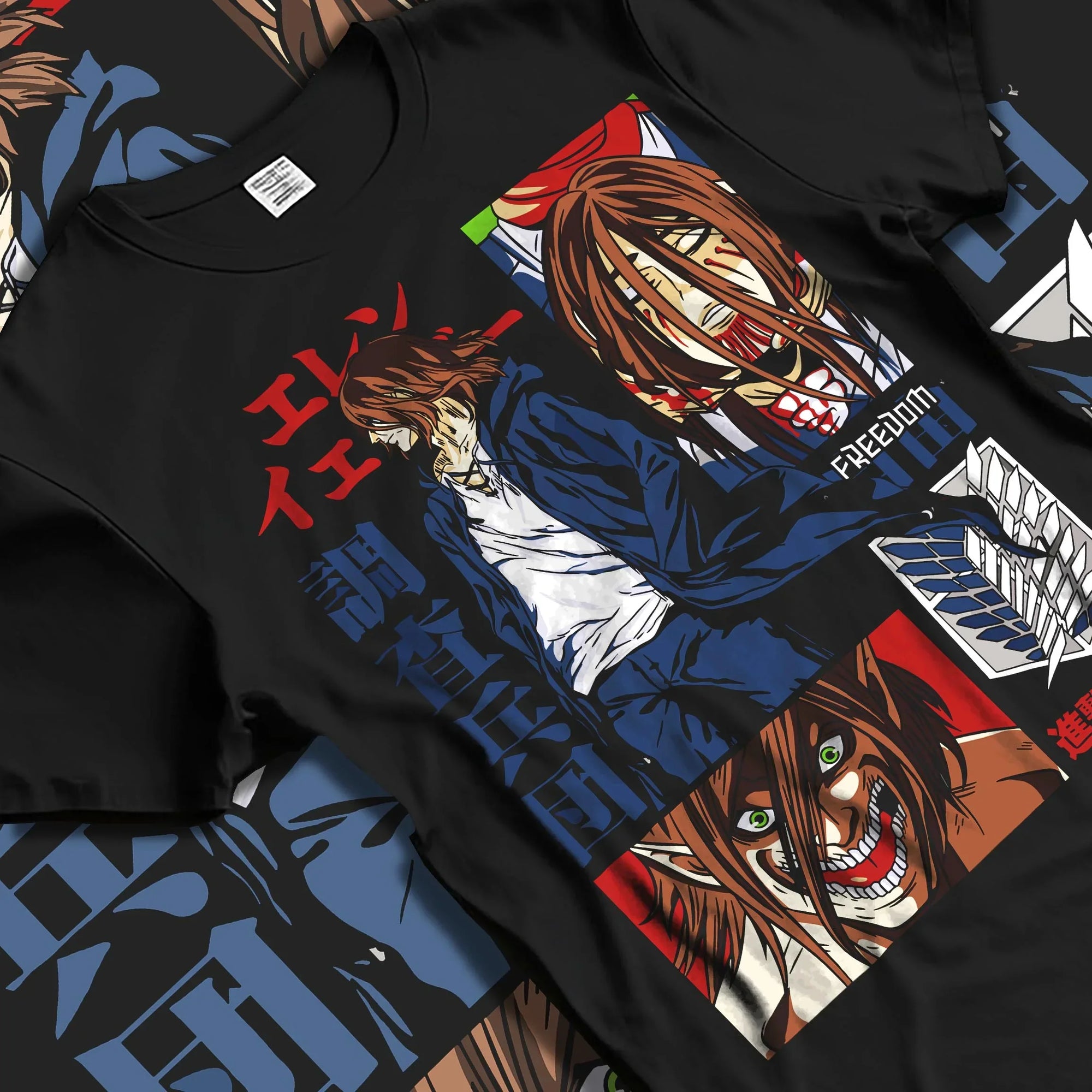 Black T-shirt laid flat with natural folds with Eren Yeager Hoodie Attack on Titan Survey Corps Look graphic premium wear.