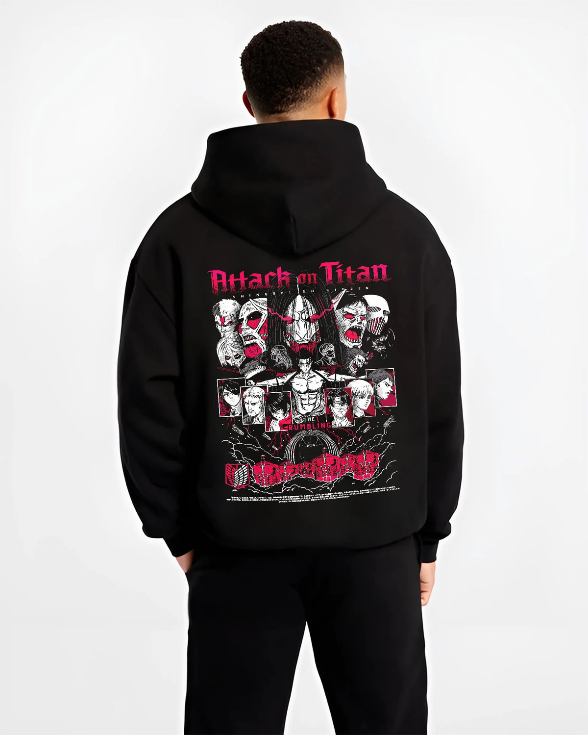 Black hoodie model back view showing Eren Founding Titan from Attack on Titan: Attack on Titan ensemble poster