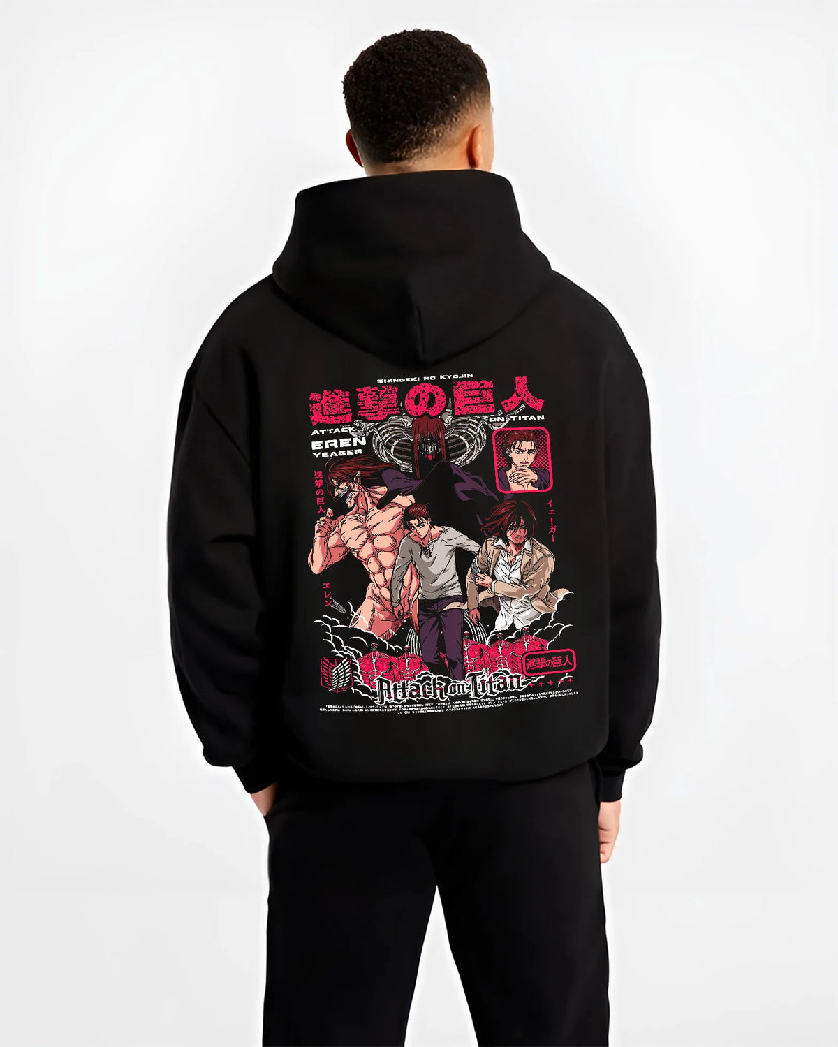 Black hoodie model back view showing Attack on Titan: several Titans and Eren battle collage