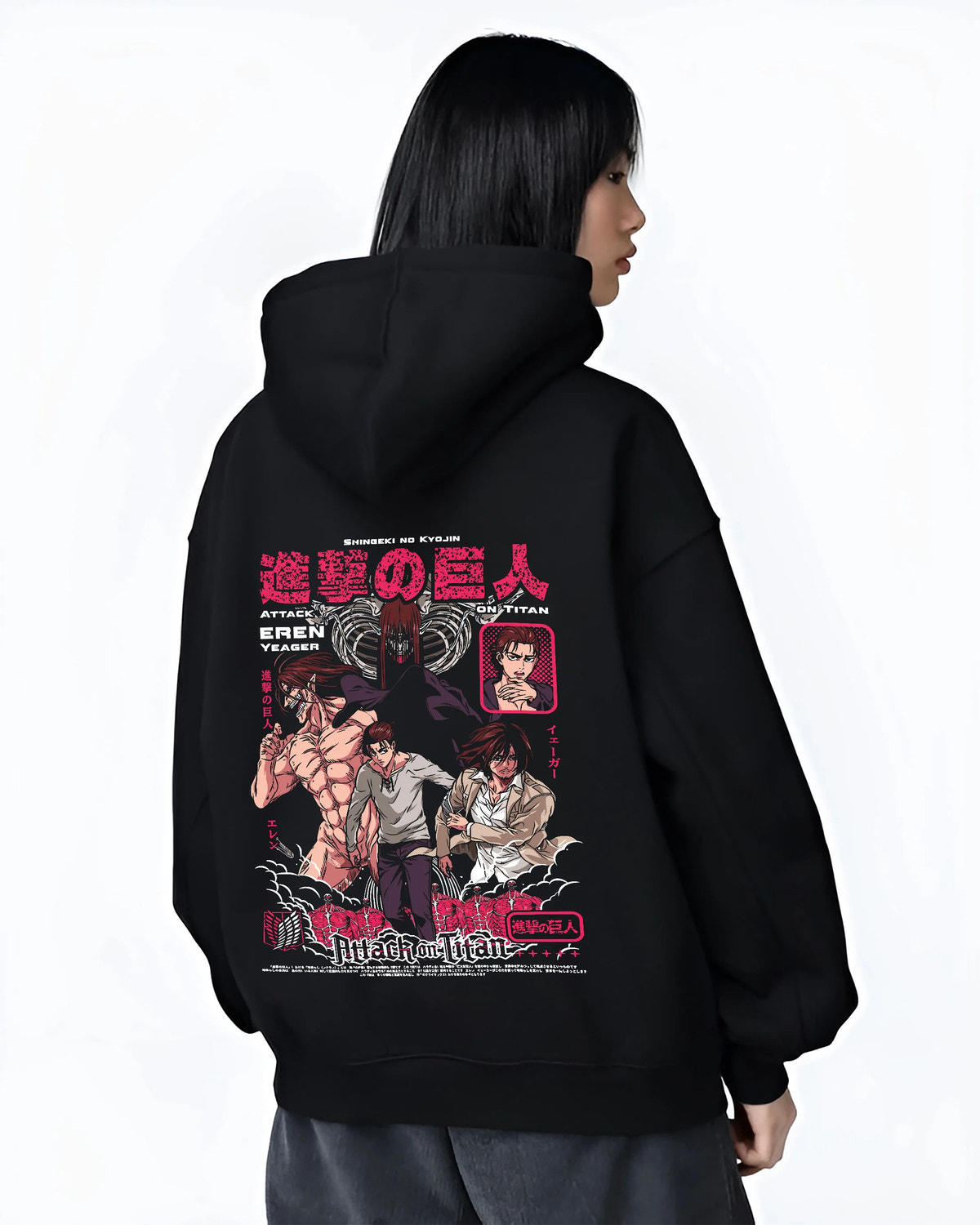 Black hoodie female model back view showing Attack on Titan: several Titans and Eren battle collage