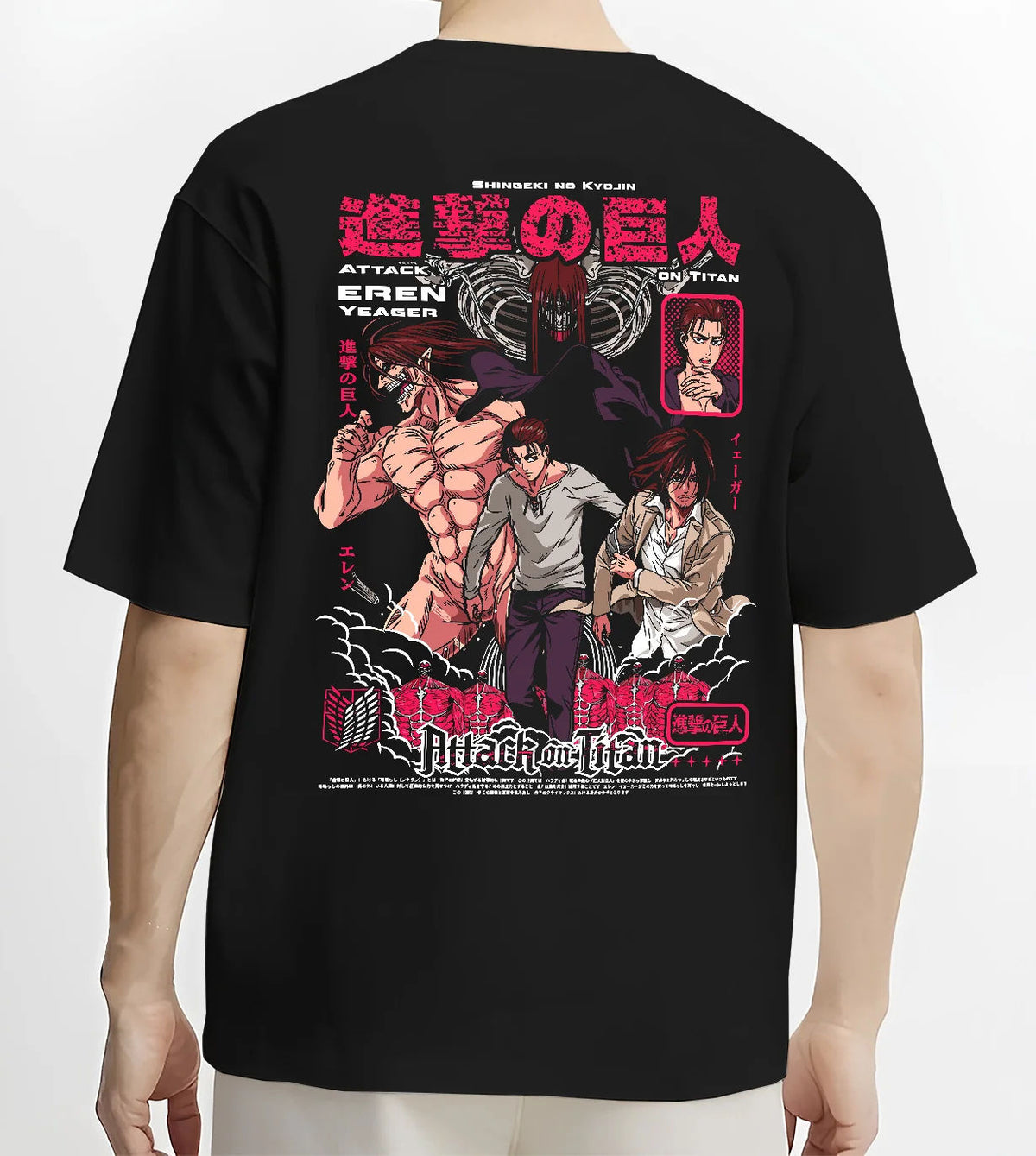 Black T-shirt model back view showing Attack on Titan: several Titans and Eren battle collage