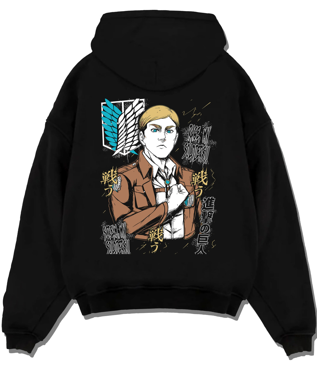 Black hoodie flat back view showing Erwin Smith from Attack on Titan: Survey Corps commander portrait