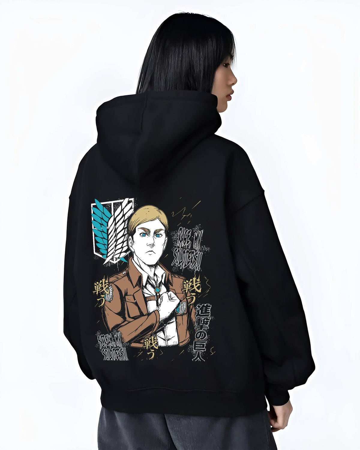 Black hoodie female model back view showing Erwin Smith from Attack on Titan: Survey Corps commander portrait