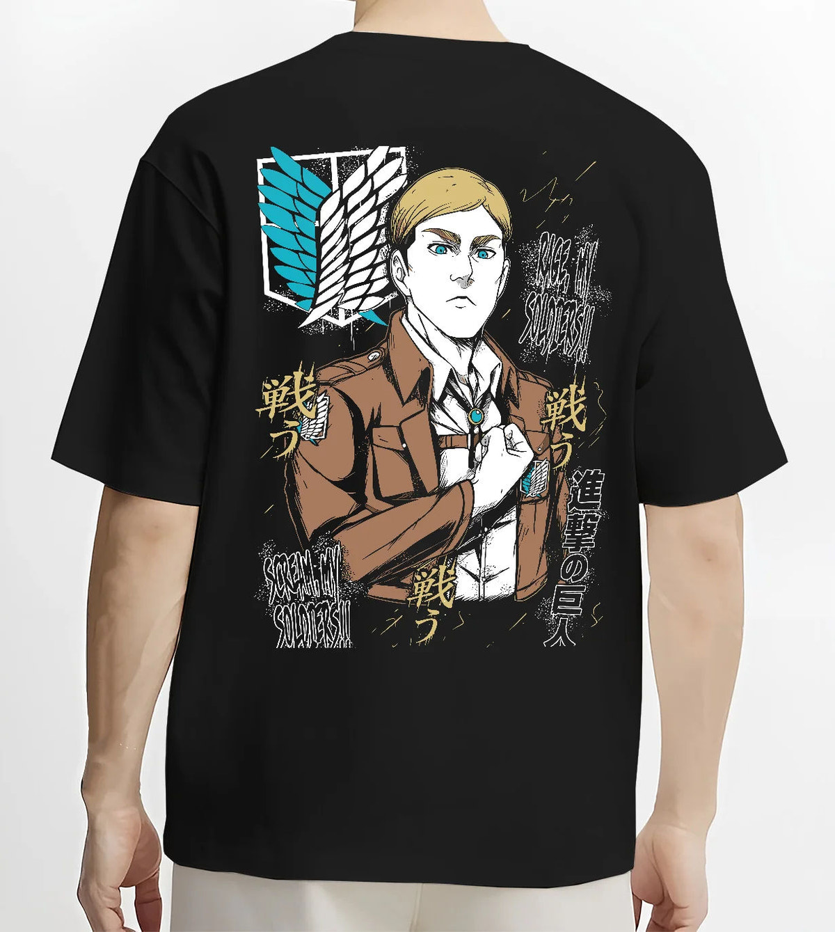 Black T-shirt model back view showing Erwin Smith from Attack on Titan: Survey Corps commander portrait