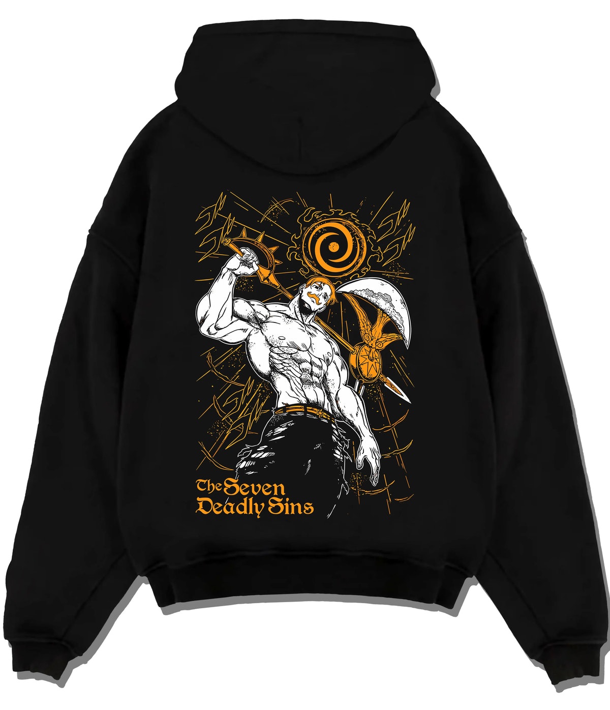 Black hoodie flat back view showing Escanor from Seven Deadly Sins: muscular The One pose with Sun icon