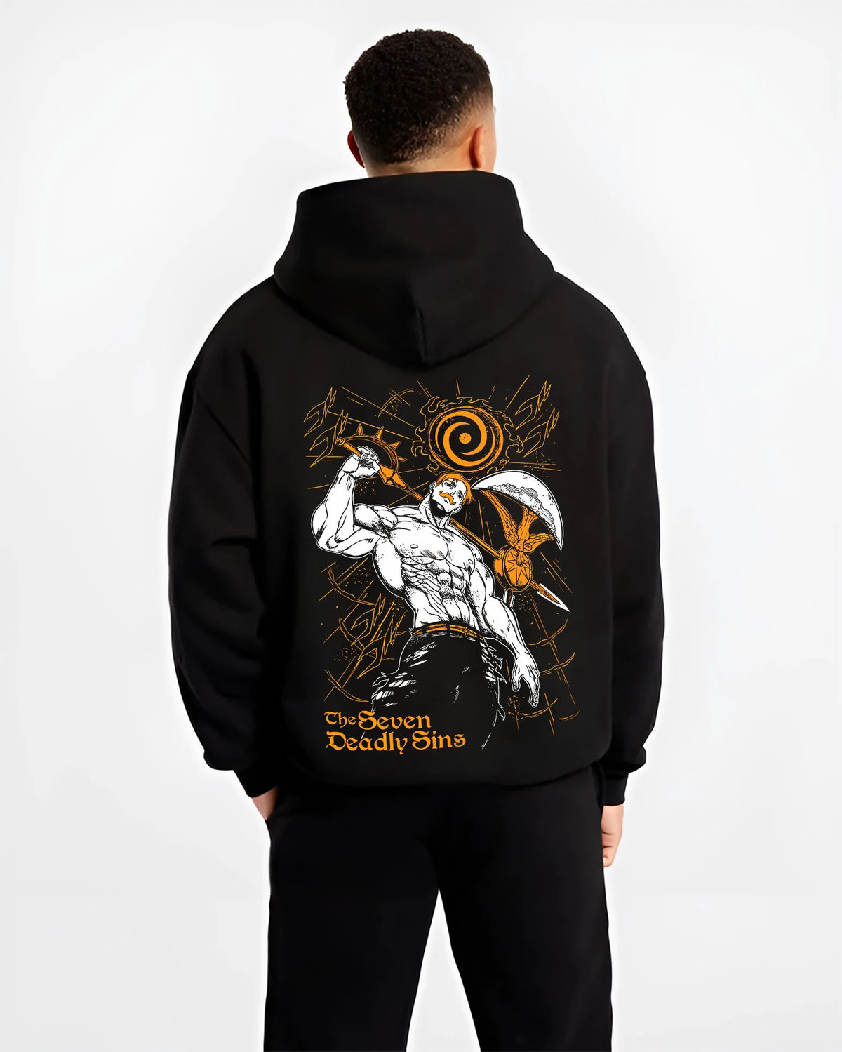 Black hoodie model back view showing Escanor from Seven Deadly Sins: muscular The One pose with Sun icon