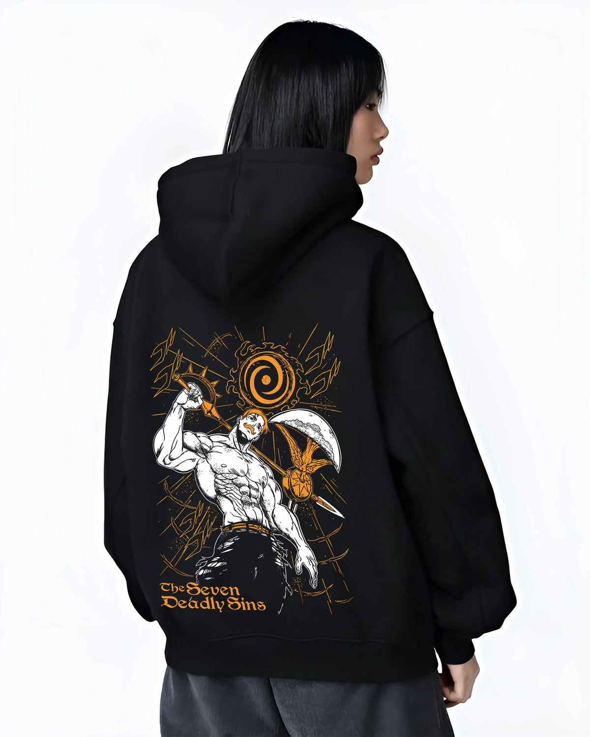 Black hoodie female model back view showing Escanor from Seven Deadly Sins: muscular The One pose with Sun icon