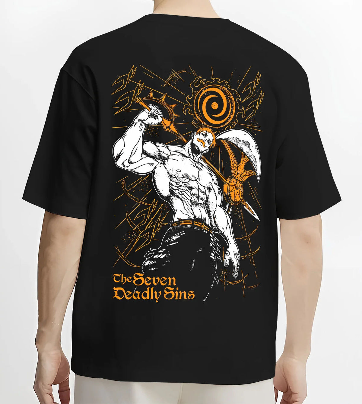Black T-shirt model back view showing Escanor from Seven Deadly Sins: muscular The One pose with Sun icon