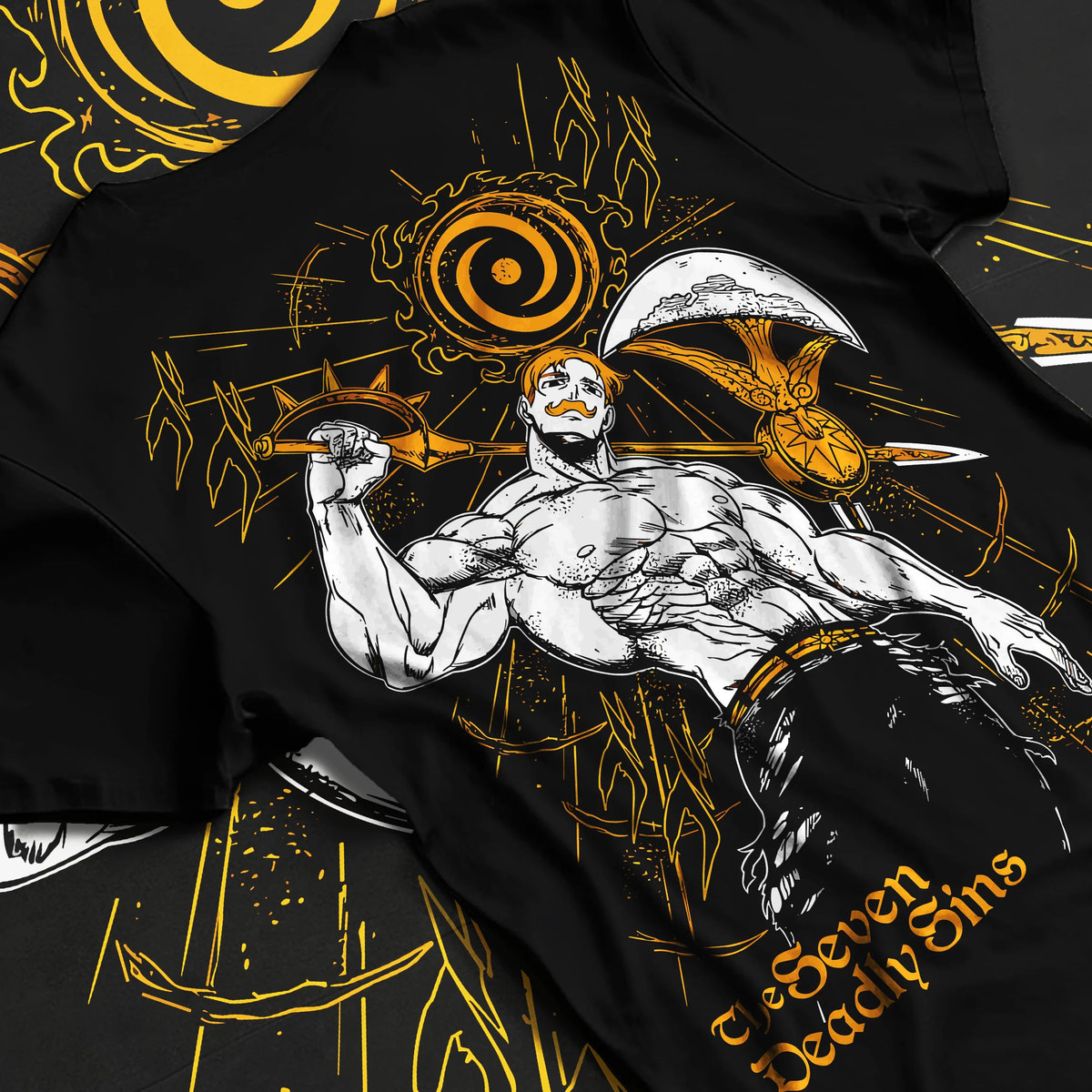Black T-shirt flat back view showing Escanor from Seven Deadly Sins: muscular The One pose with Sun icon