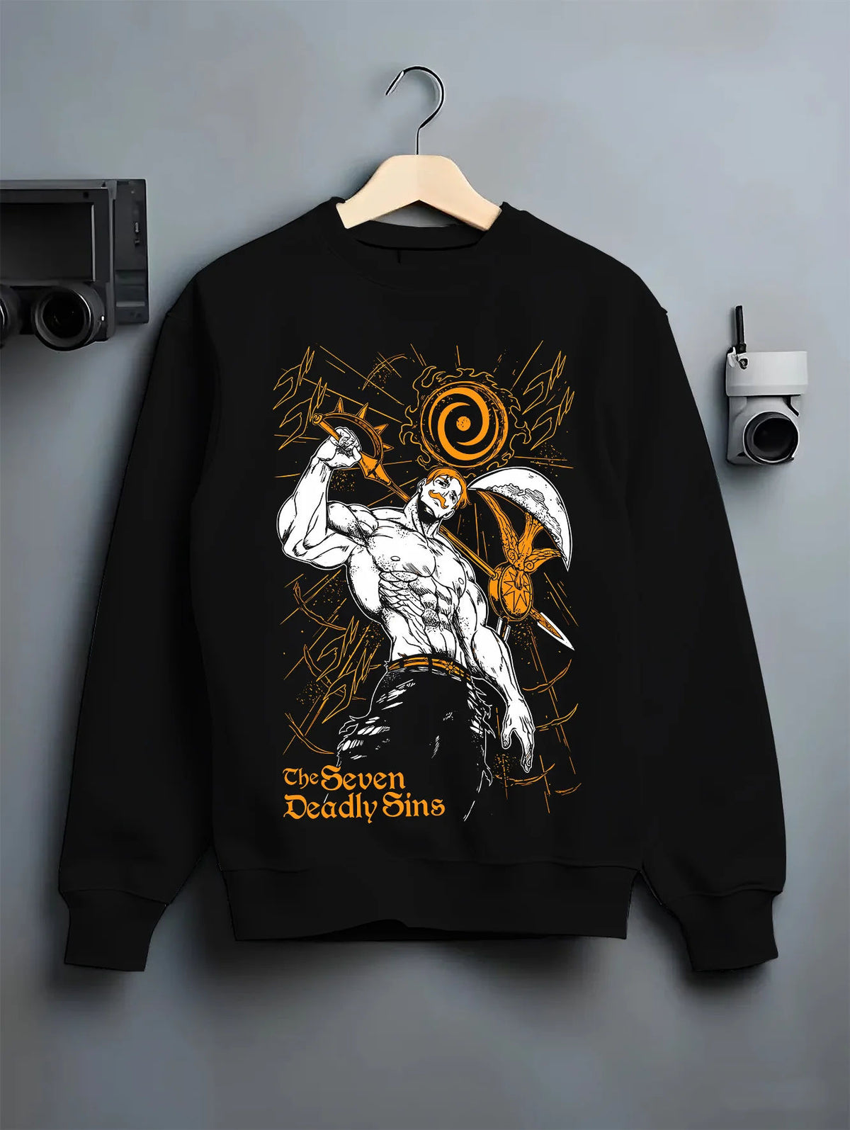 Black crewneck sweatshirt on hanger showing Escanor from Seven Deadly Sins: muscular The One pose with Sun icon