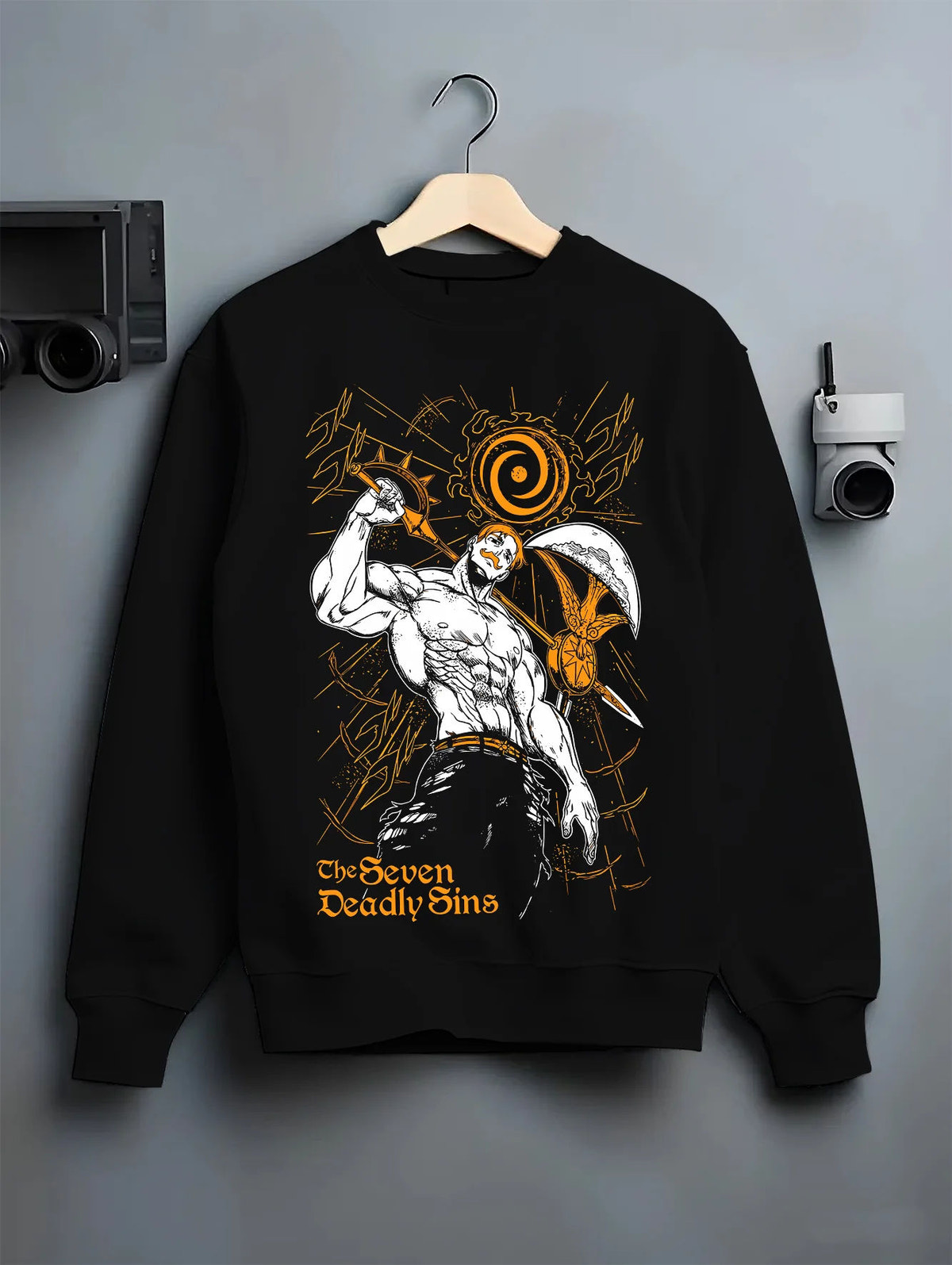 Black crewneck sweatshirt on hanger showing Escanor from Seven Deadly Sins: muscular The One pose with Sun icon