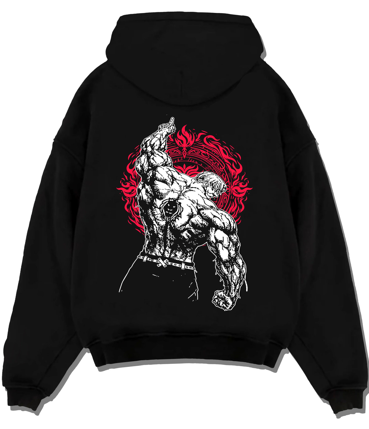 Black hoodie flat back view showing Escanor from Seven Deadly Sins: Sunshine power-up and Seven Deadly Sins