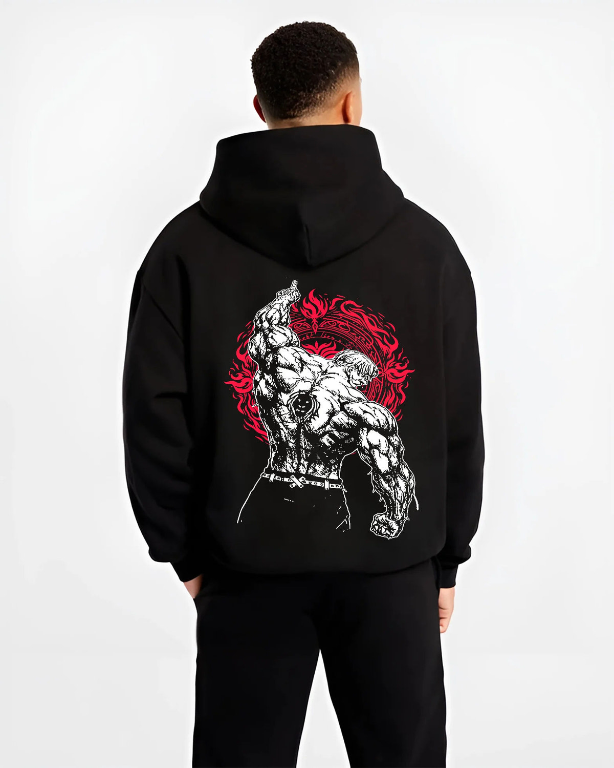 Black hoodie model back view showing Escanor from Seven Deadly Sins: Sunshine power-up and Seven Deadly Sins